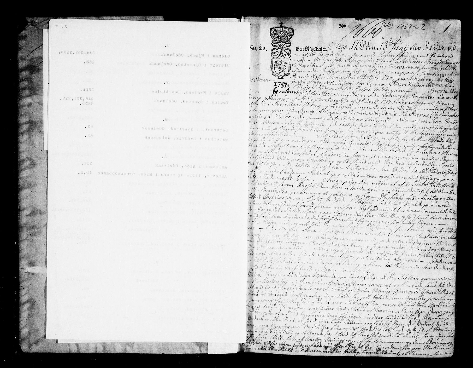 Nedenes sorenskriveri før 1824, AV/SAK-1221-0007/F/Fa/L0031: Tingbok med register nr 26, 1758-1762, p. 0b-1a