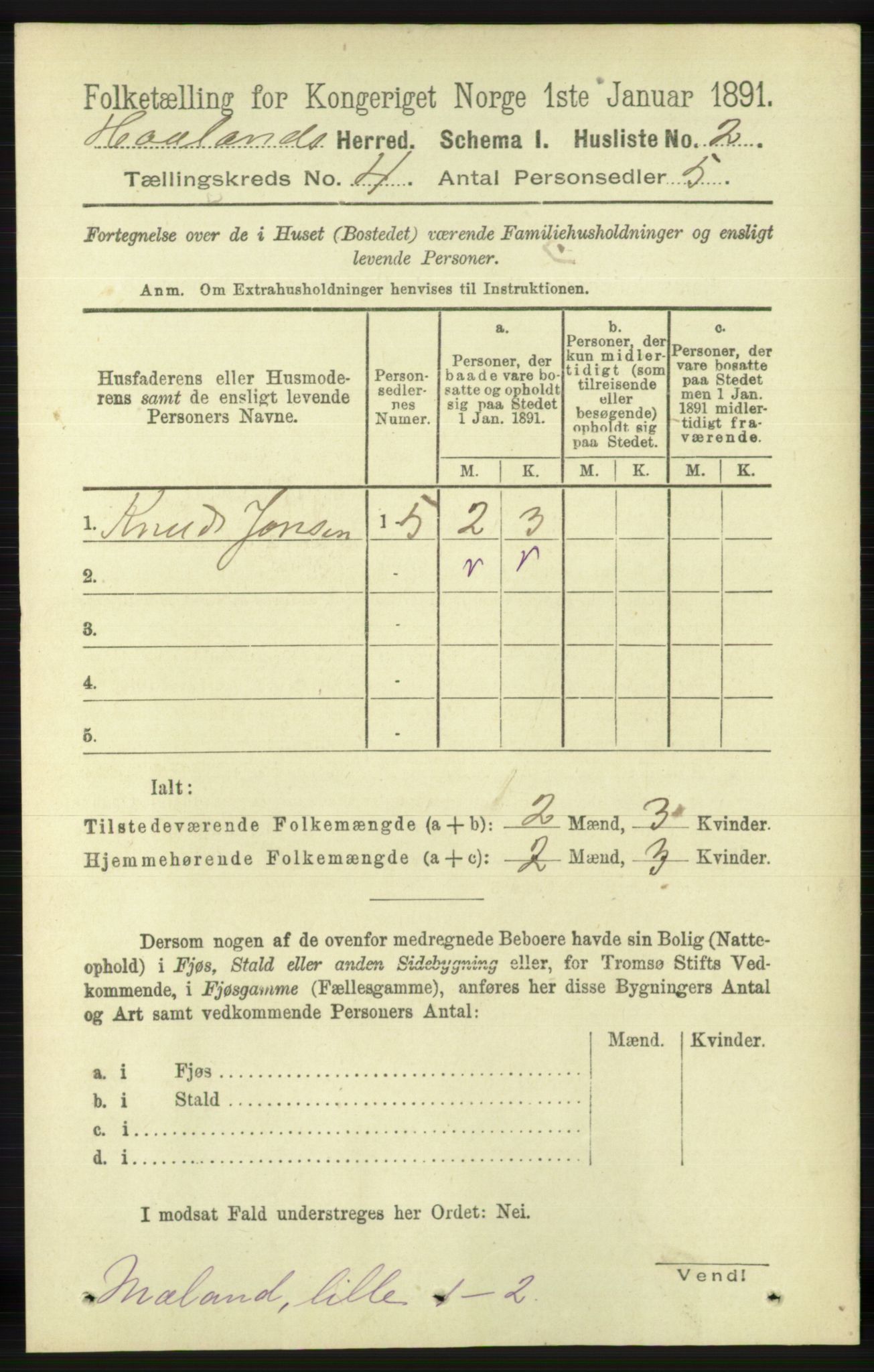 RA, 1891 census for 1124 Haaland, 1891, p. 2285