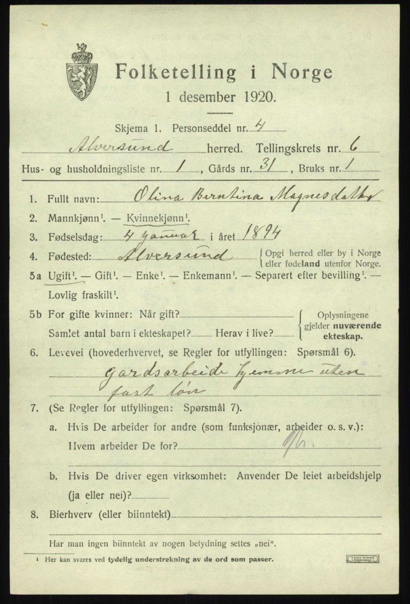 SAB, 1920 census for Alversund, 1920, p. 4462