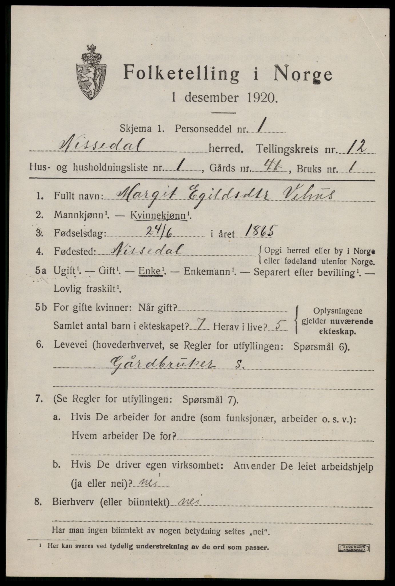 SAKO, 1920 census for Nissedal, 1920, p. 4709