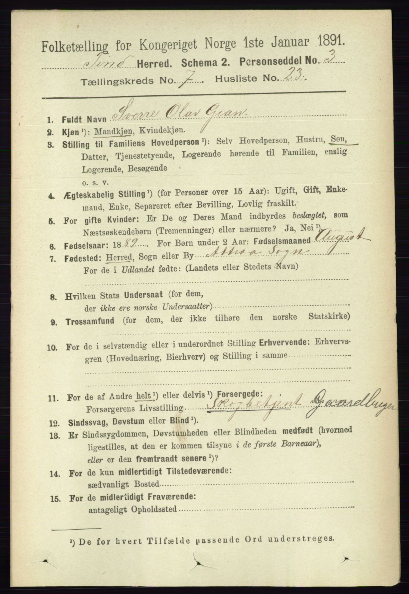 RA, 1891 census for 0826 Tinn, 1891, p. 1546