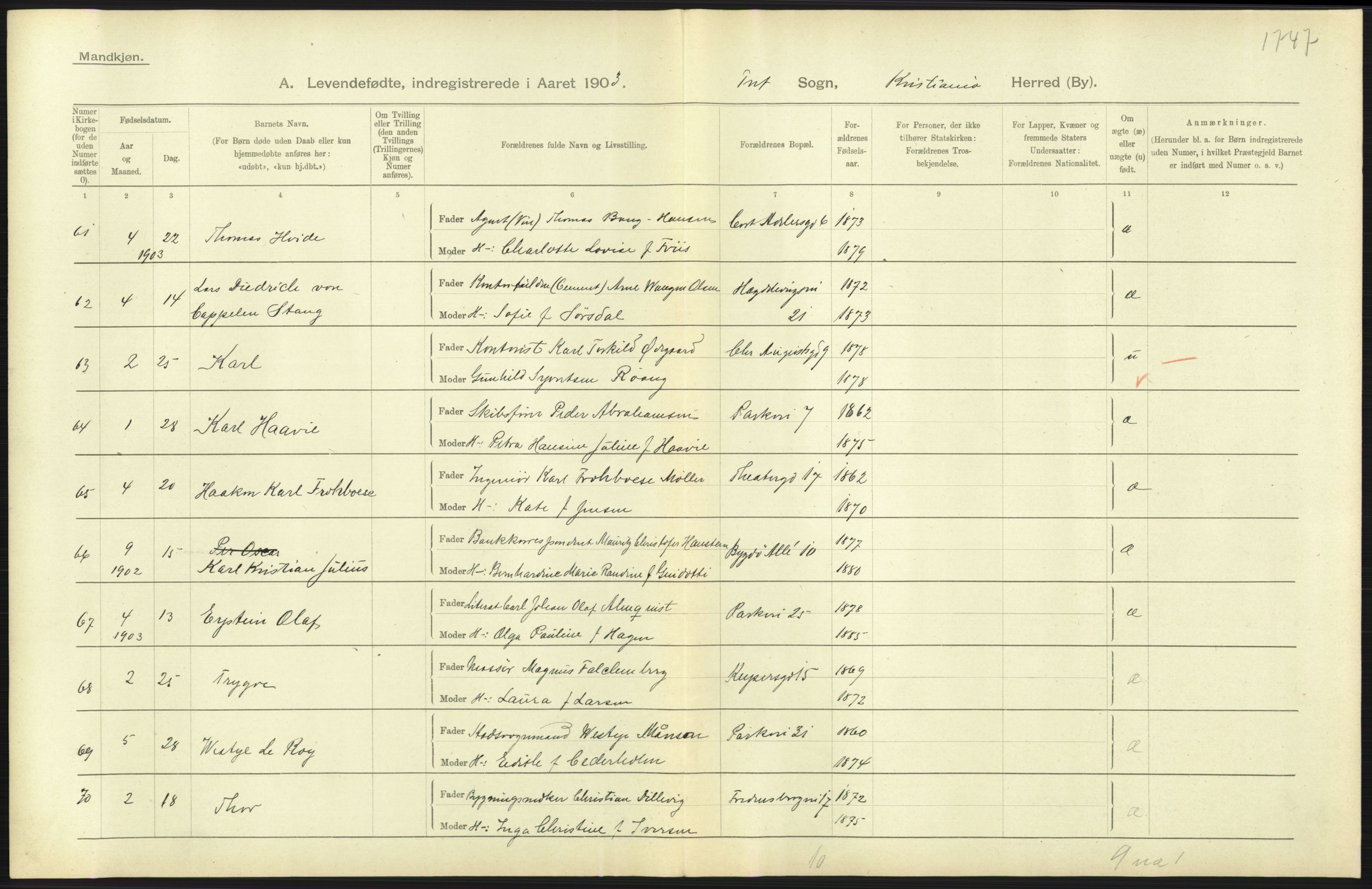 Statistisk sentralbyrå, Sosiodemografiske emner, Befolkning, AV/RA-S-2228/D/Df/Dfa/Dfaa/L0003: Kristiania: Fødte, 1903, p. 233