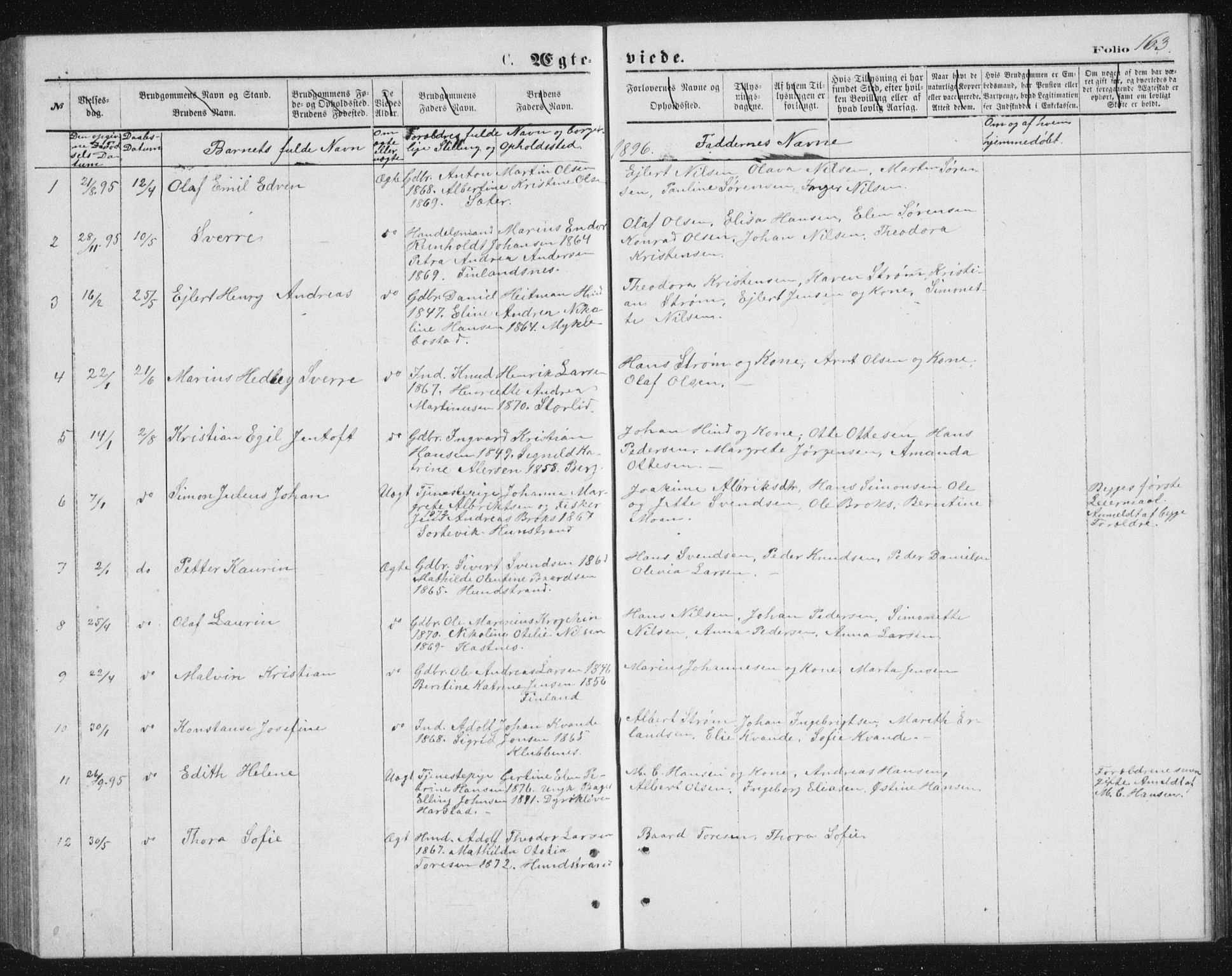 Tranøy sokneprestkontor, SATØ/S-1313/I/Ia/Iab/L0013klokker: Parish register (copy) no. 13, 1874-1896, p. 163