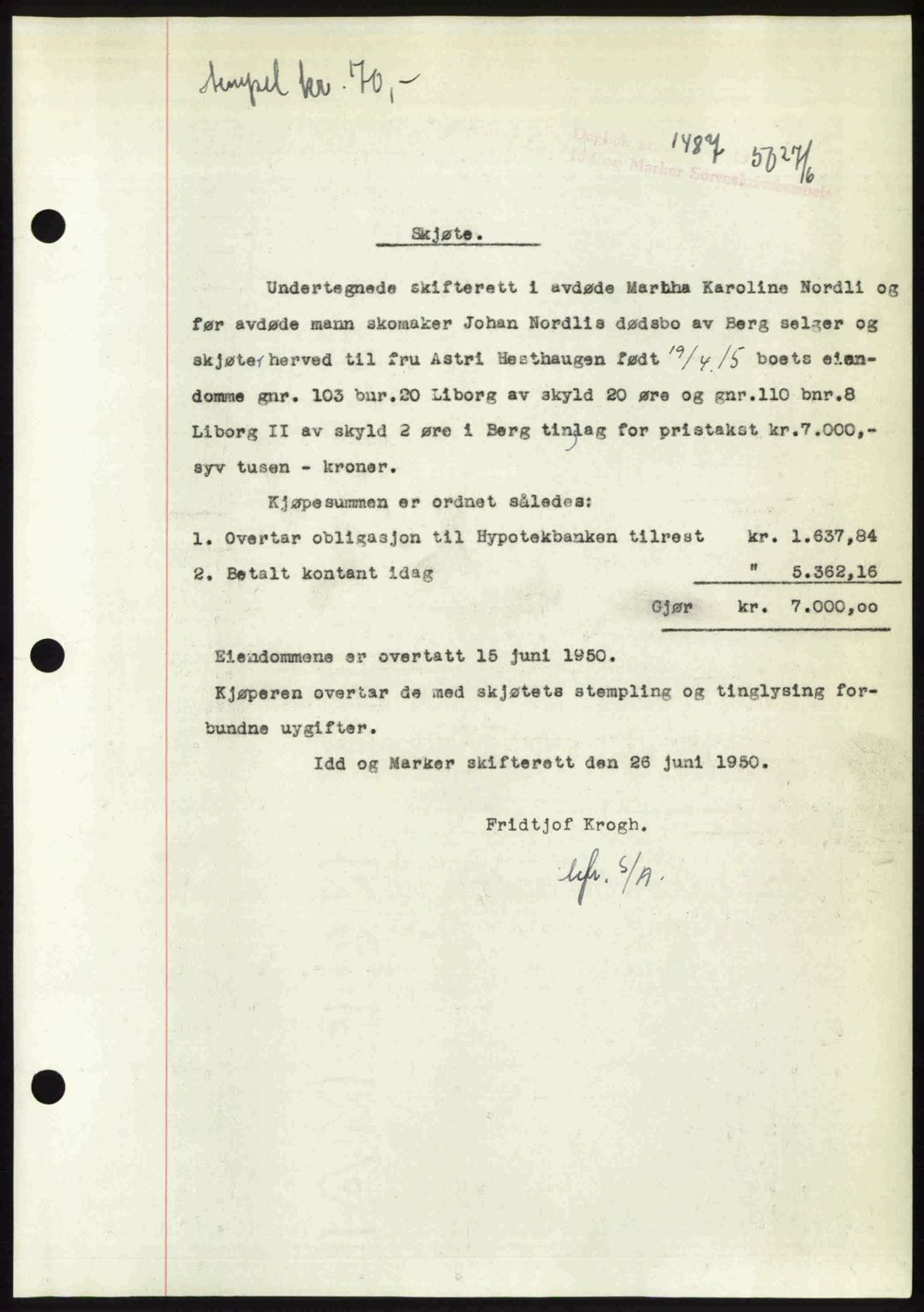 Idd og Marker sorenskriveri, AV/SAO-A-10283/G/Gb/Gbb/L0014: Mortgage book no. A14, 1950-1950, Diary no: : 1487/1950