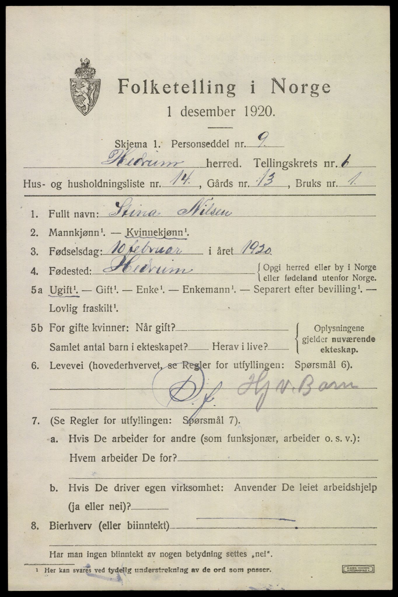 SAKO, 1920 census for Hedrum, 1920, p. 5699