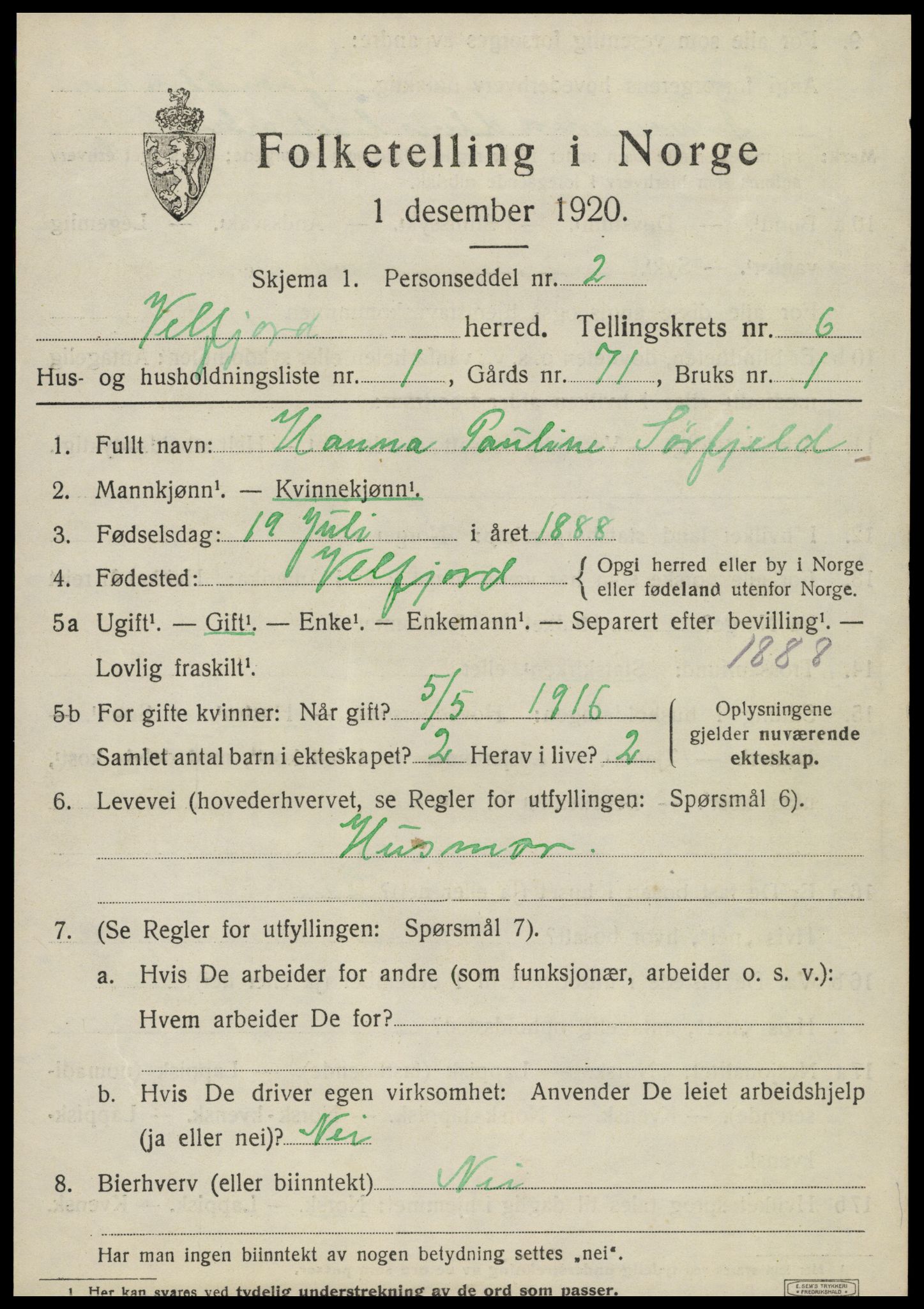 SAT, 1920 census for Velfjord, 1920, p. 3397