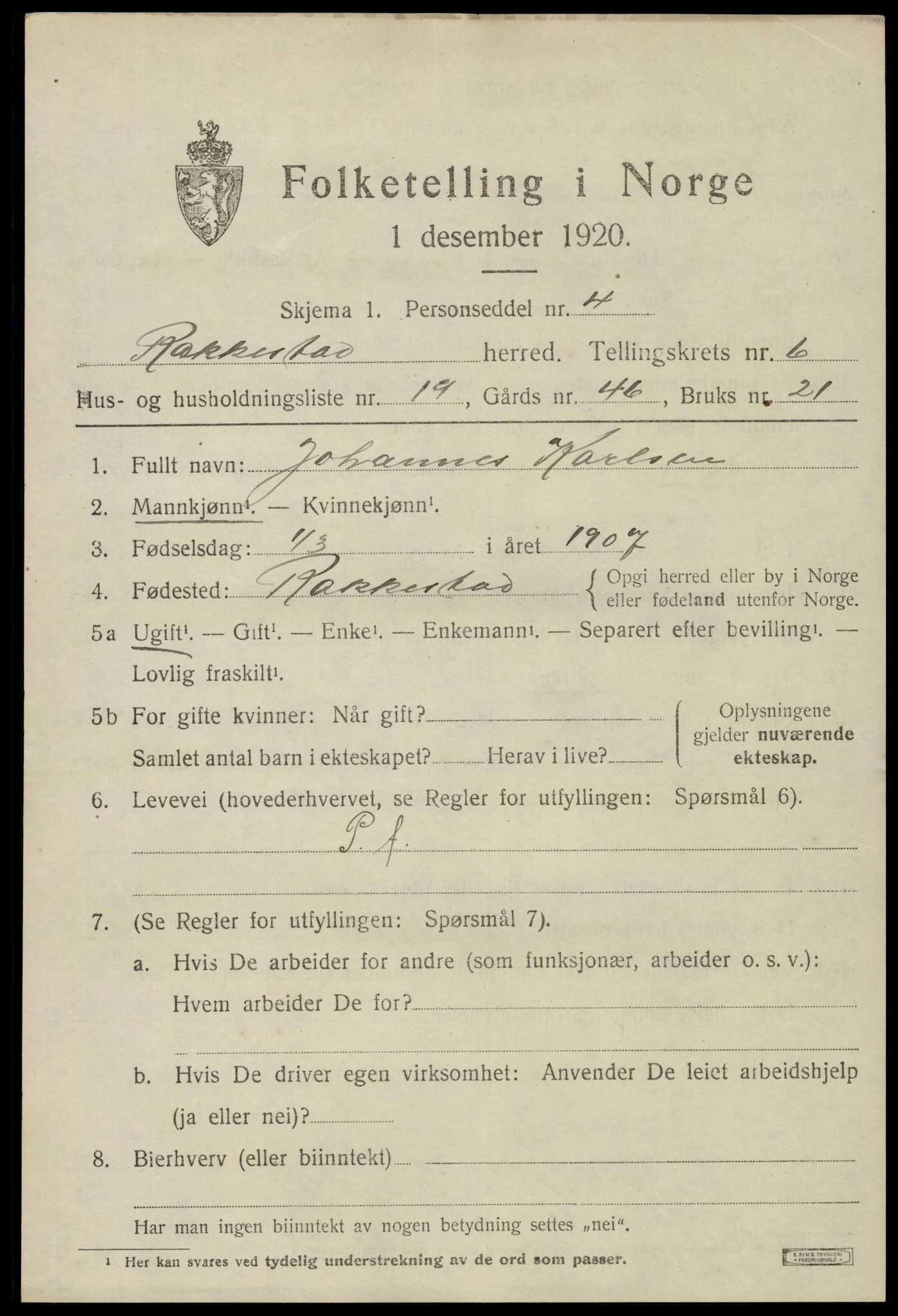 SAO, 1920 census for Rakkestad, 1920, p. 6817