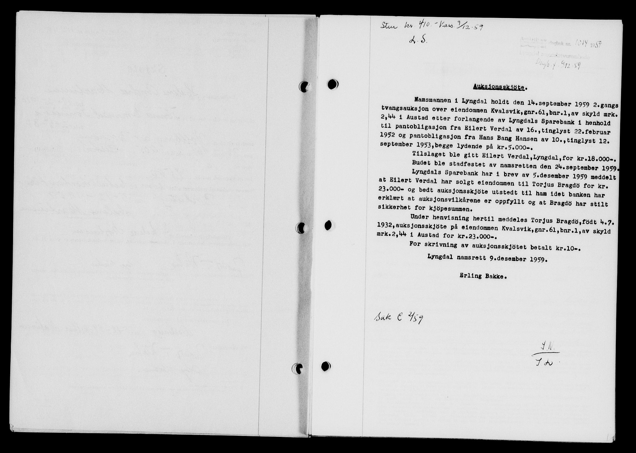 Lyngdal sorenskriveri, AV/SAK-1221-0004/G/Gb/L0679: Mortgage book no. A XXV, 1959-1960, Diary no: : 1014/1959