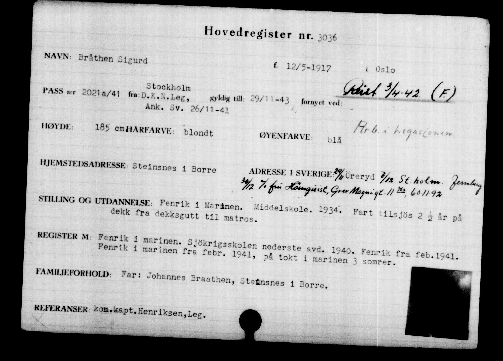Utenriksstasjonene, Legasjonen i Stockholm, Flyktningkontoret, AV/RA-S-6753/V/Va/L0003: Kjesäterkartoteket, flyktninger med registreringsnr. 2001-3495, 1940-1945, p. 1457