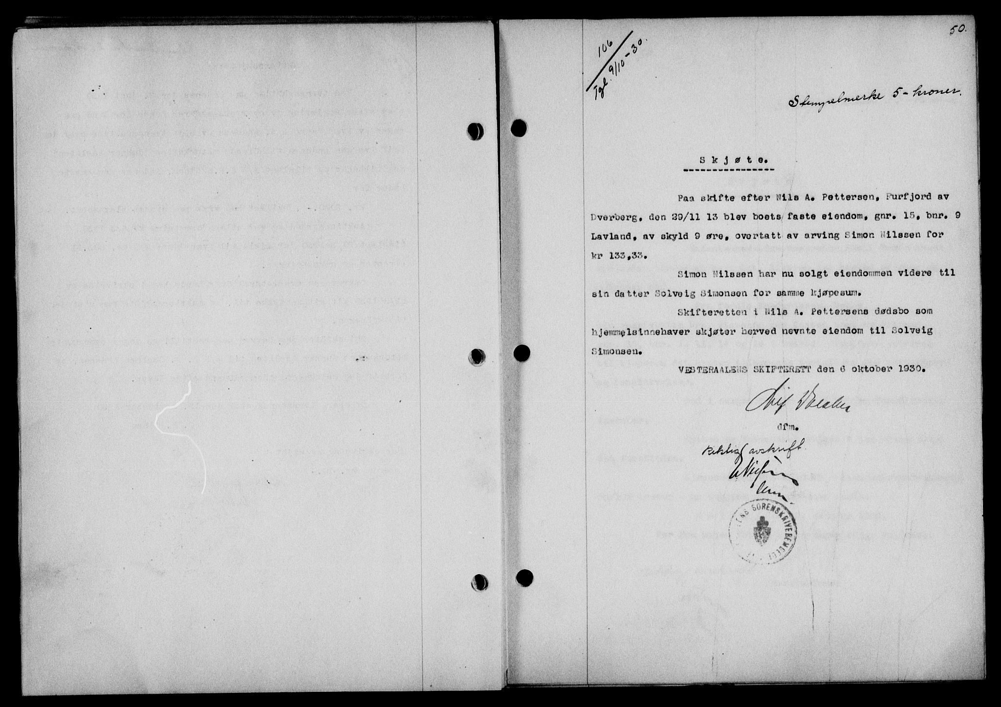 Vesterålen sorenskriveri, SAT/A-4180/1/2/2Ca/L0052: Mortgage book no. 45, 1930-1931, Deed date: 09.10.1930