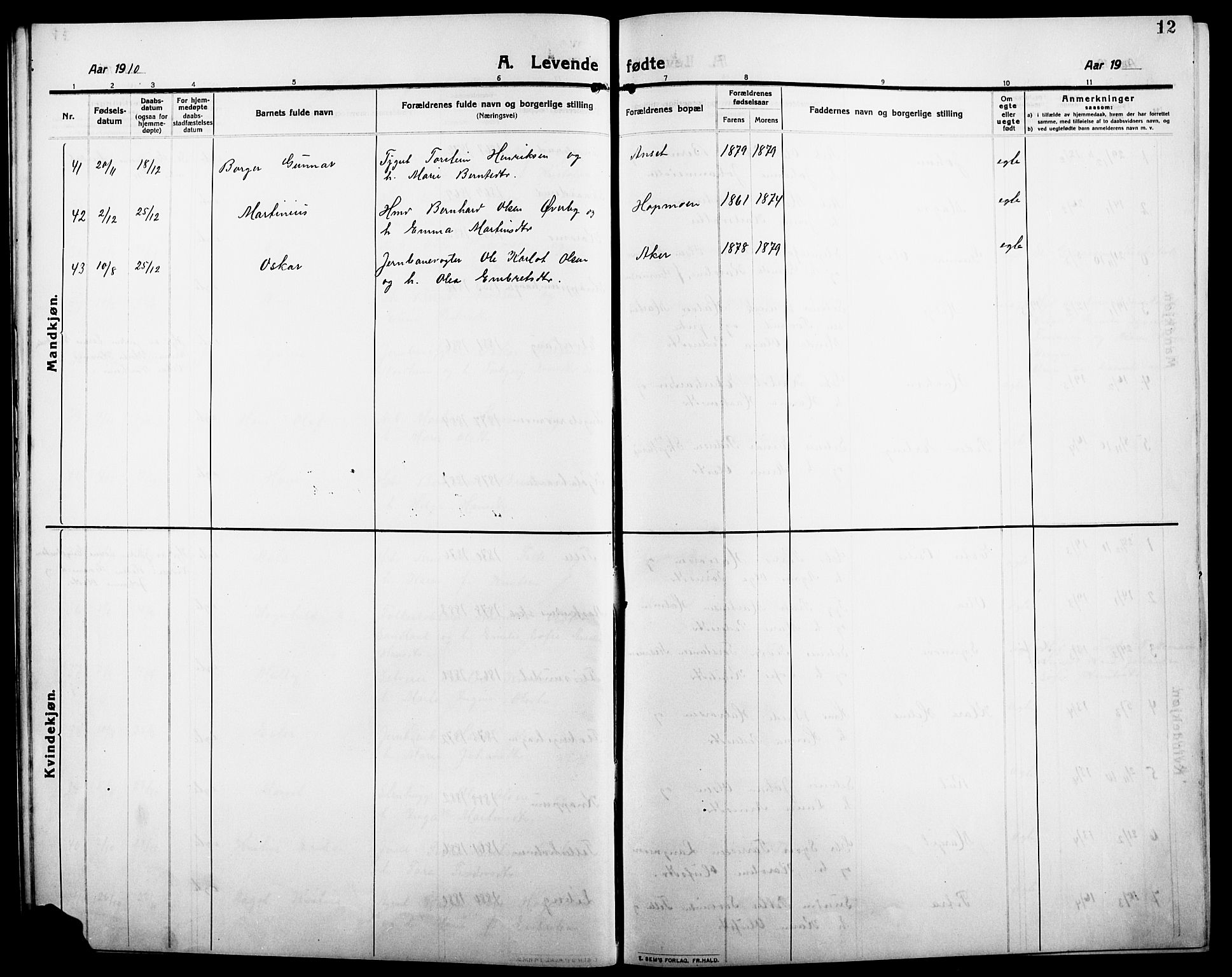 Åsnes prestekontor, SAH/PREST-042/H/Ha/Hab/L0007: Parish register (copy) no. 7, 1909-1926, p. 12