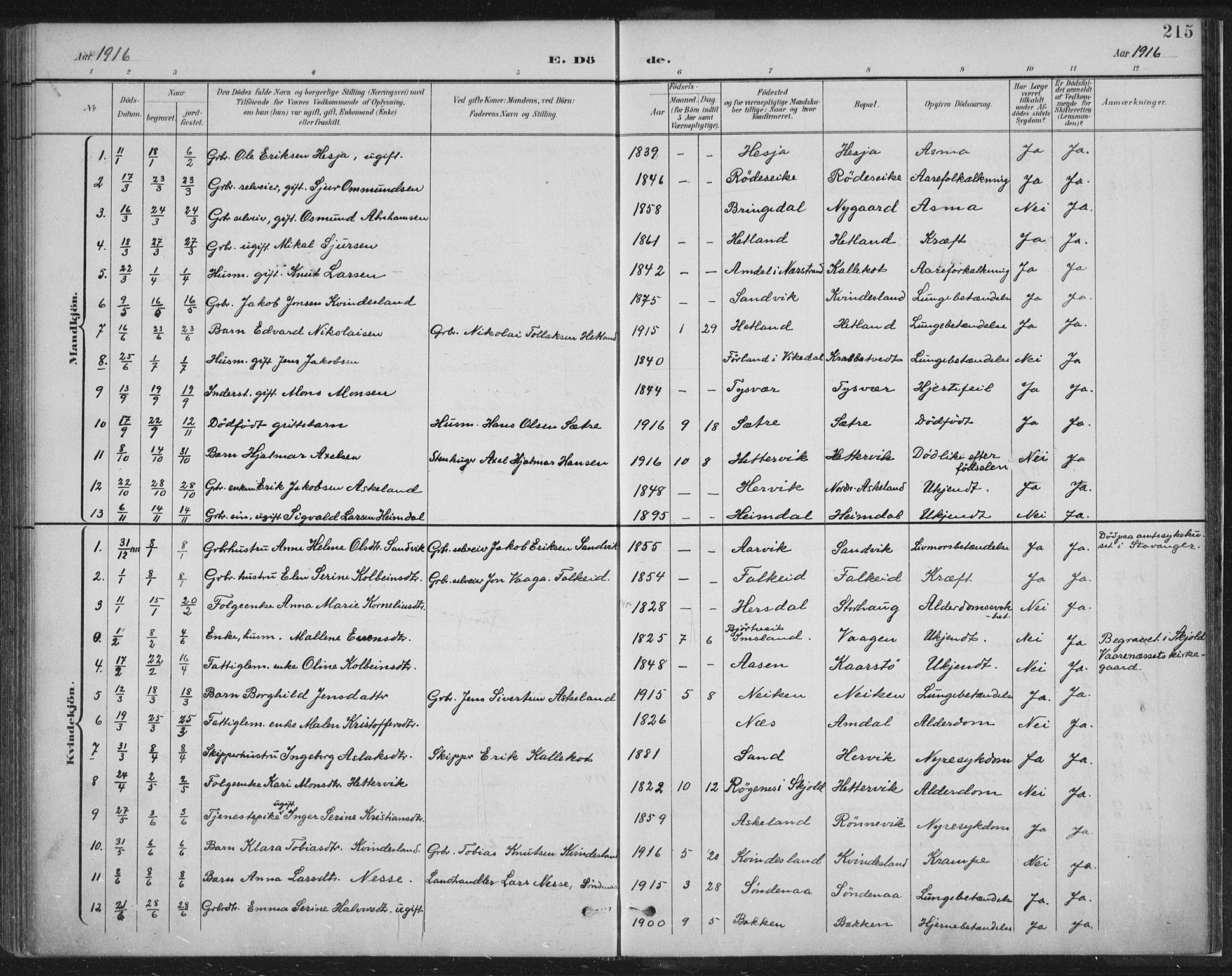 Tysvær sokneprestkontor, AV/SAST-A -101864/H/Ha/Haa/L0008: Parish register (official) no. A 8, 1897-1918, p. 215