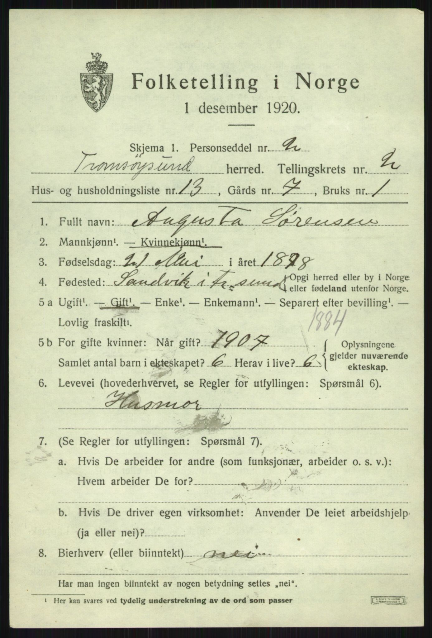 SATØ, 1920 census for Tromsøysund, 1920, p. 2538