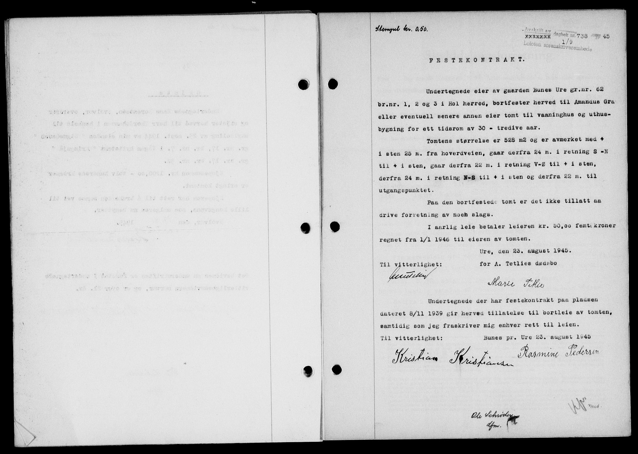 Lofoten sorenskriveri, SAT/A-0017/1/2/2C/L0013a: Mortgage book no. 13a, 1944-1946, Diary no: : 738/1945