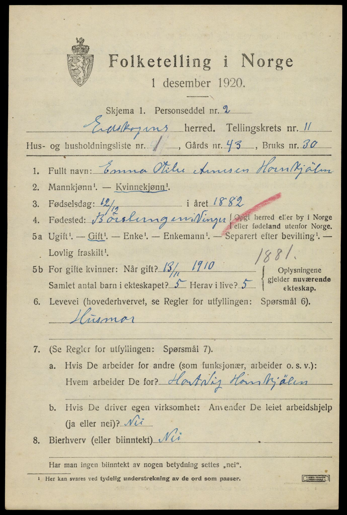 SAH, 1920 census for Eidskog, 1920, p. 11589