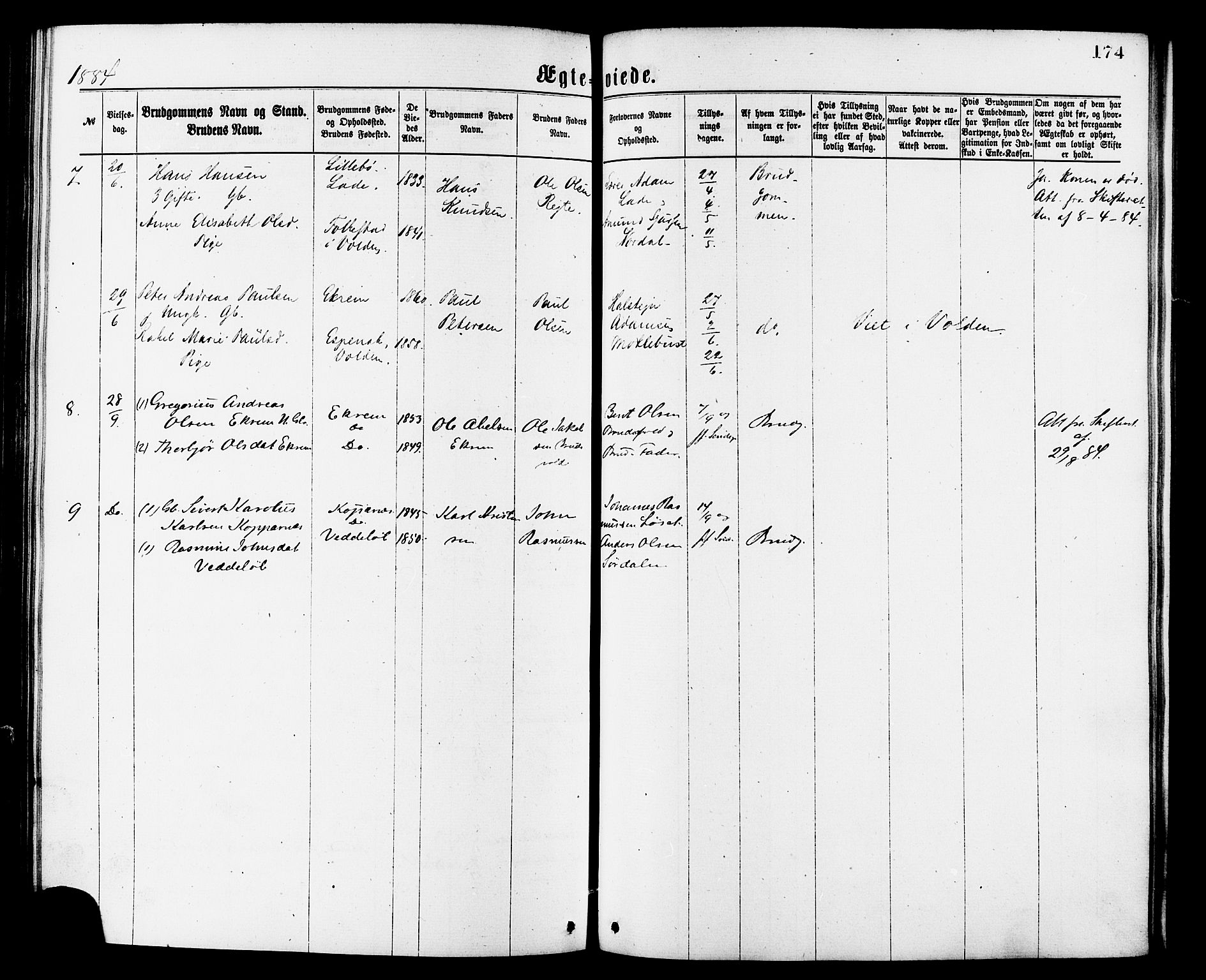 Ministerialprotokoller, klokkerbøker og fødselsregistre - Møre og Romsdal, SAT/A-1454/502/L0024: Parish register (official) no. 502A02, 1873-1884, p. 174