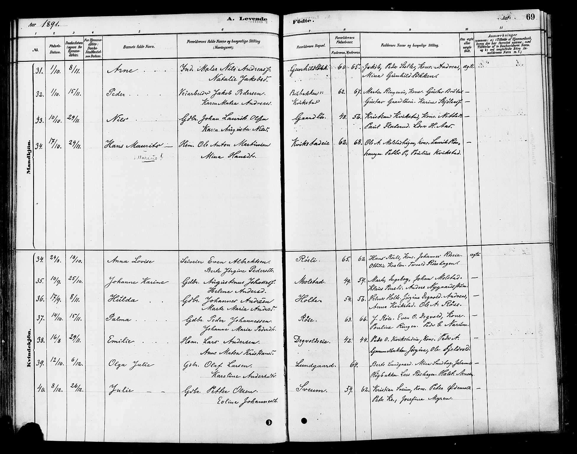 Vestre Toten prestekontor, SAH/PREST-108/H/Ha/Haa/L0010: Parish register (official) no. 10, 1878-1894, p. 69