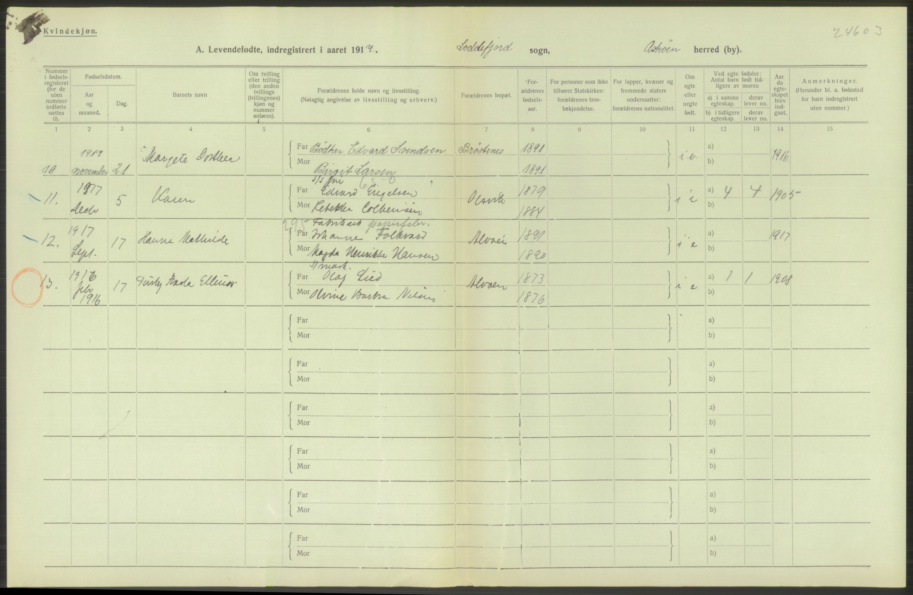 Statistisk sentralbyrå, Sosiodemografiske emner, Befolkning, RA/S-2228/D/Df/Dfb/Dfbg/L0034: S. Bergenhus amt: Levendefødte menn og kvinner. Bygder., 1917, p. 298