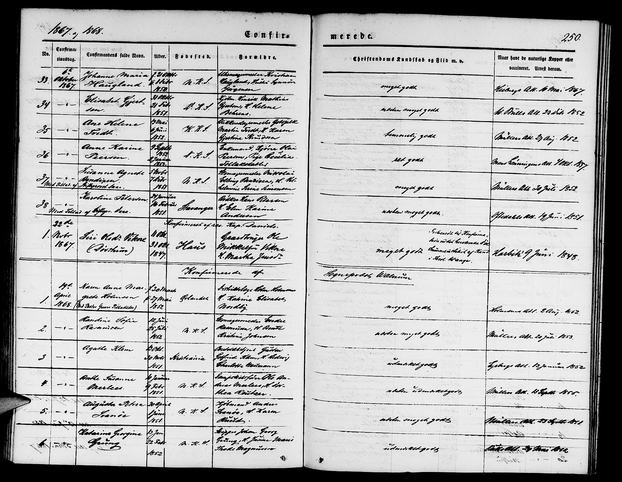 Nykirken Sokneprestembete, SAB/A-77101/H/Hab: Parish register (copy) no. C 1, 1844-1871, p. 250