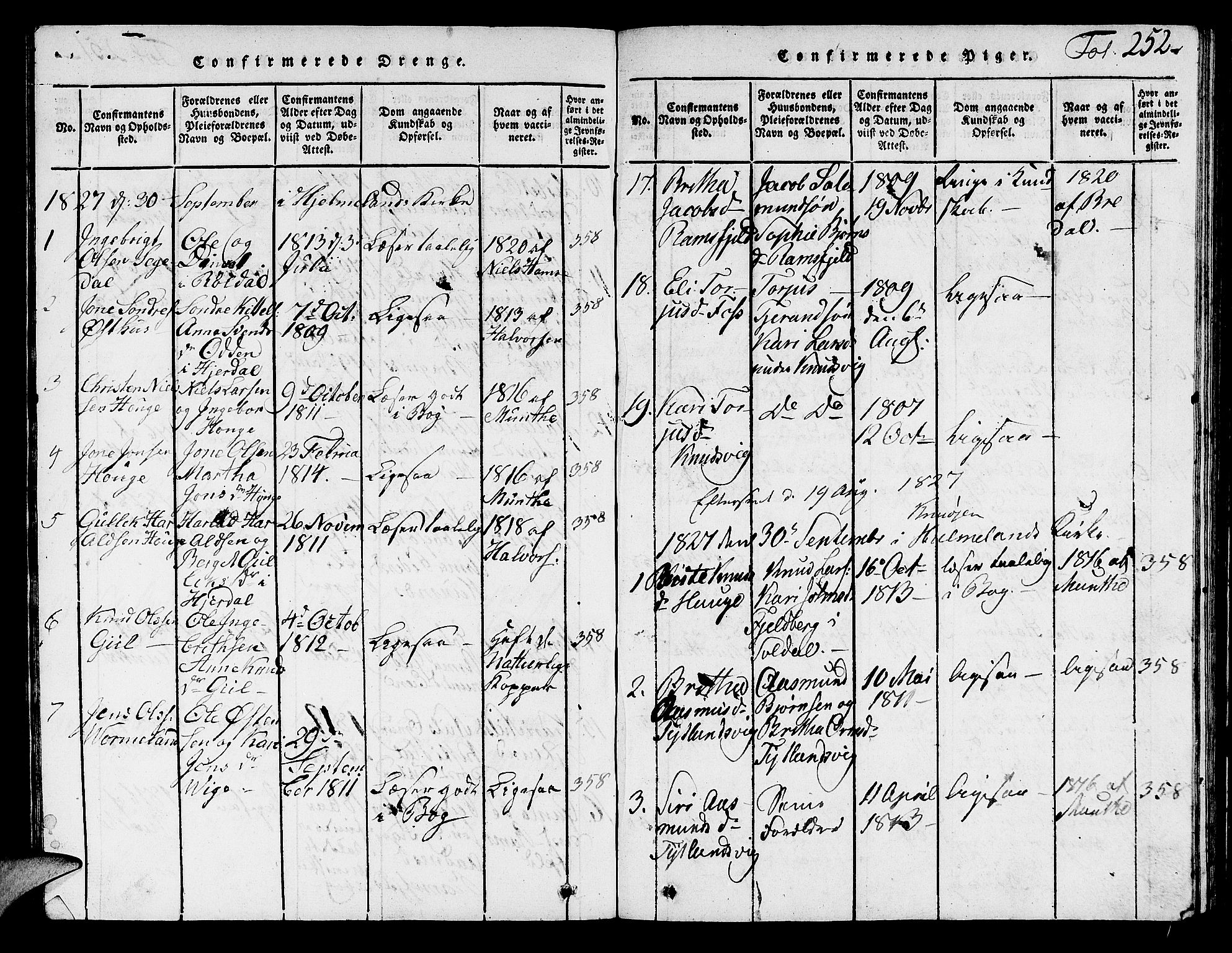 Hjelmeland sokneprestkontor, SAST/A-101843/01/V/L0001: Parish register (copy) no. B 1, 1816-1841, p. 252