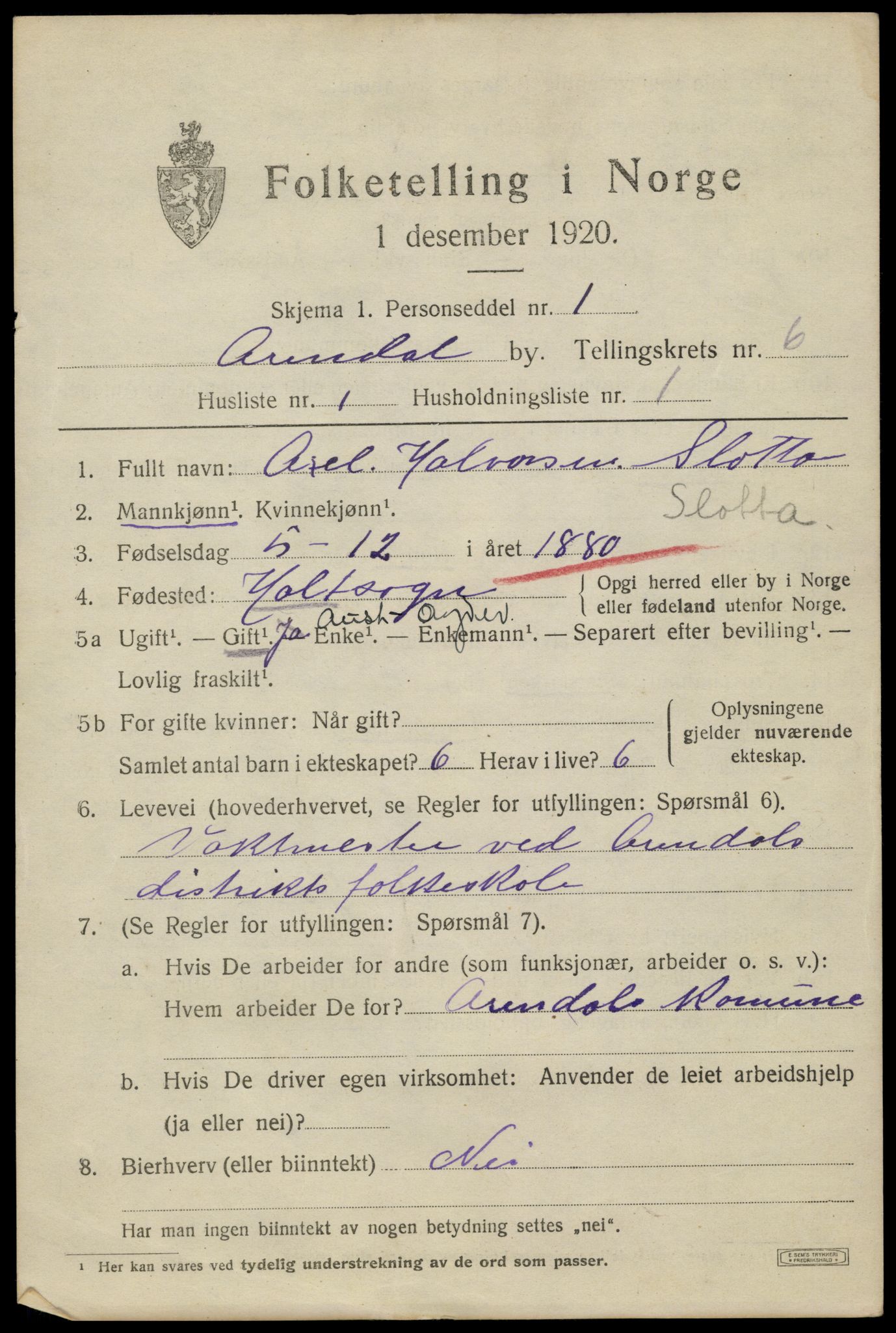 SAK, 1920 census for Arendal, 1920, p. 13546