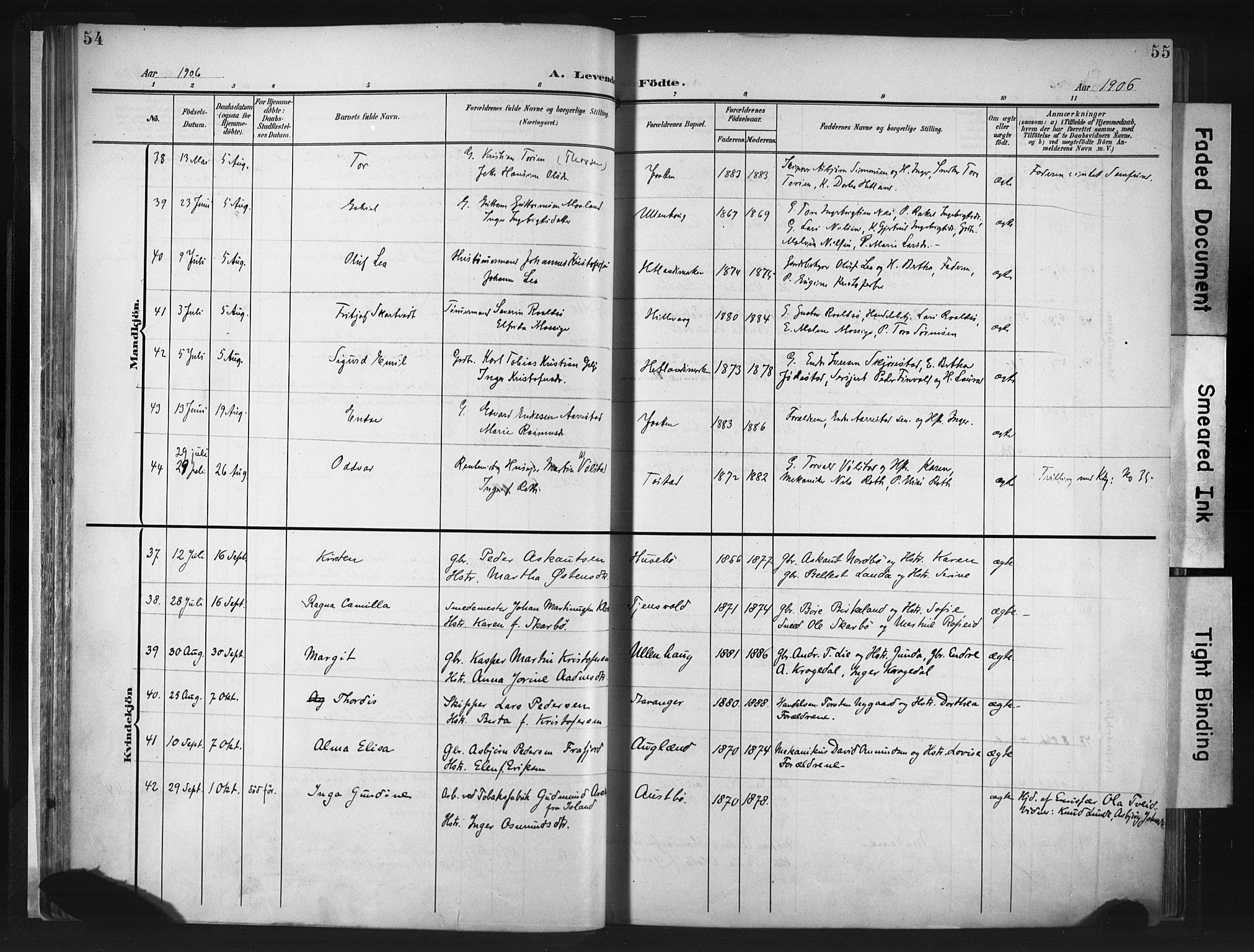 Hetland sokneprestkontor, SAST/A-101826/30/30BA/L0013: Parish register (official) no. A 13, 1904-1918, p. 54-55