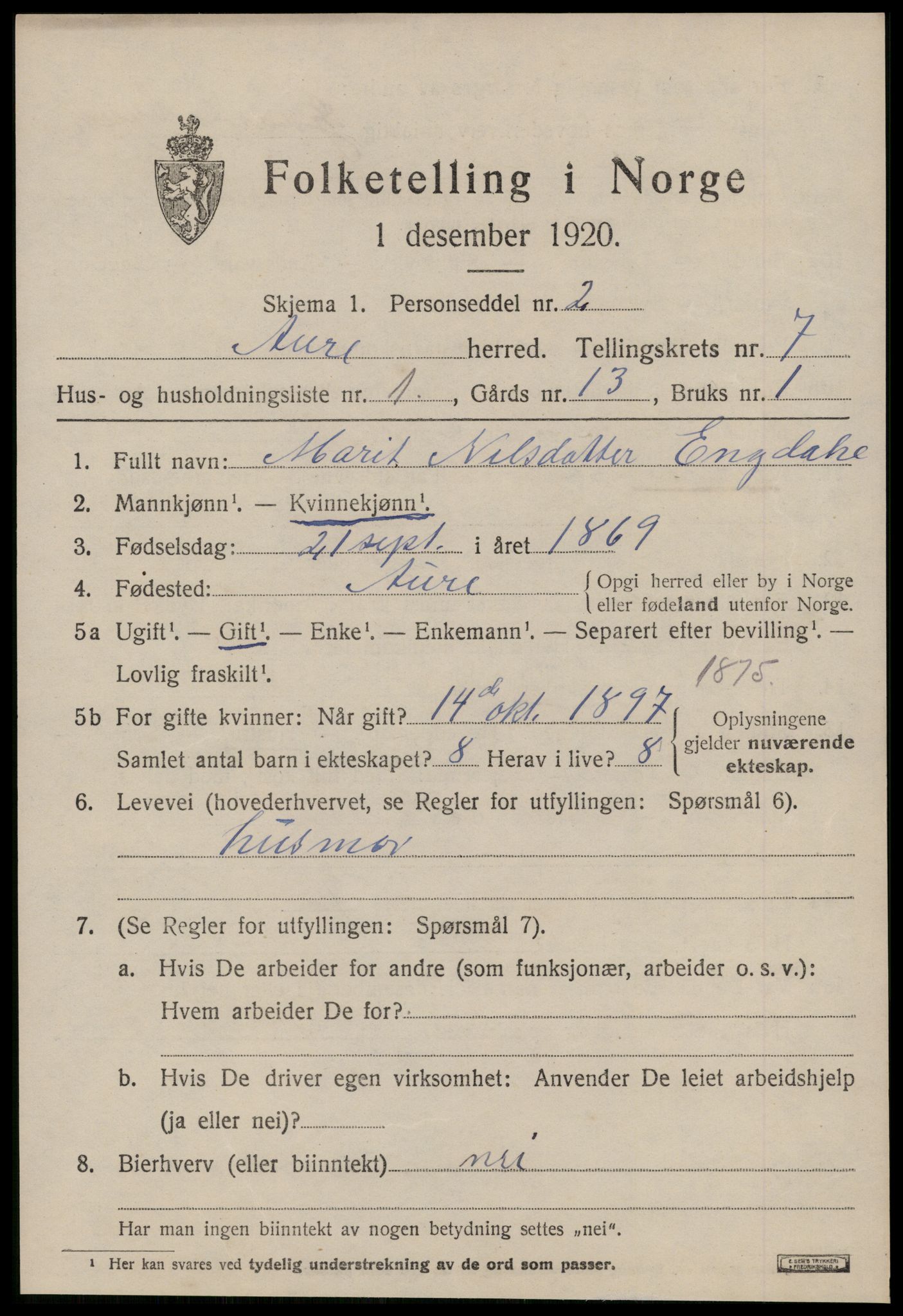 SAT, 1920 census for Aure, 1920, p. 2806