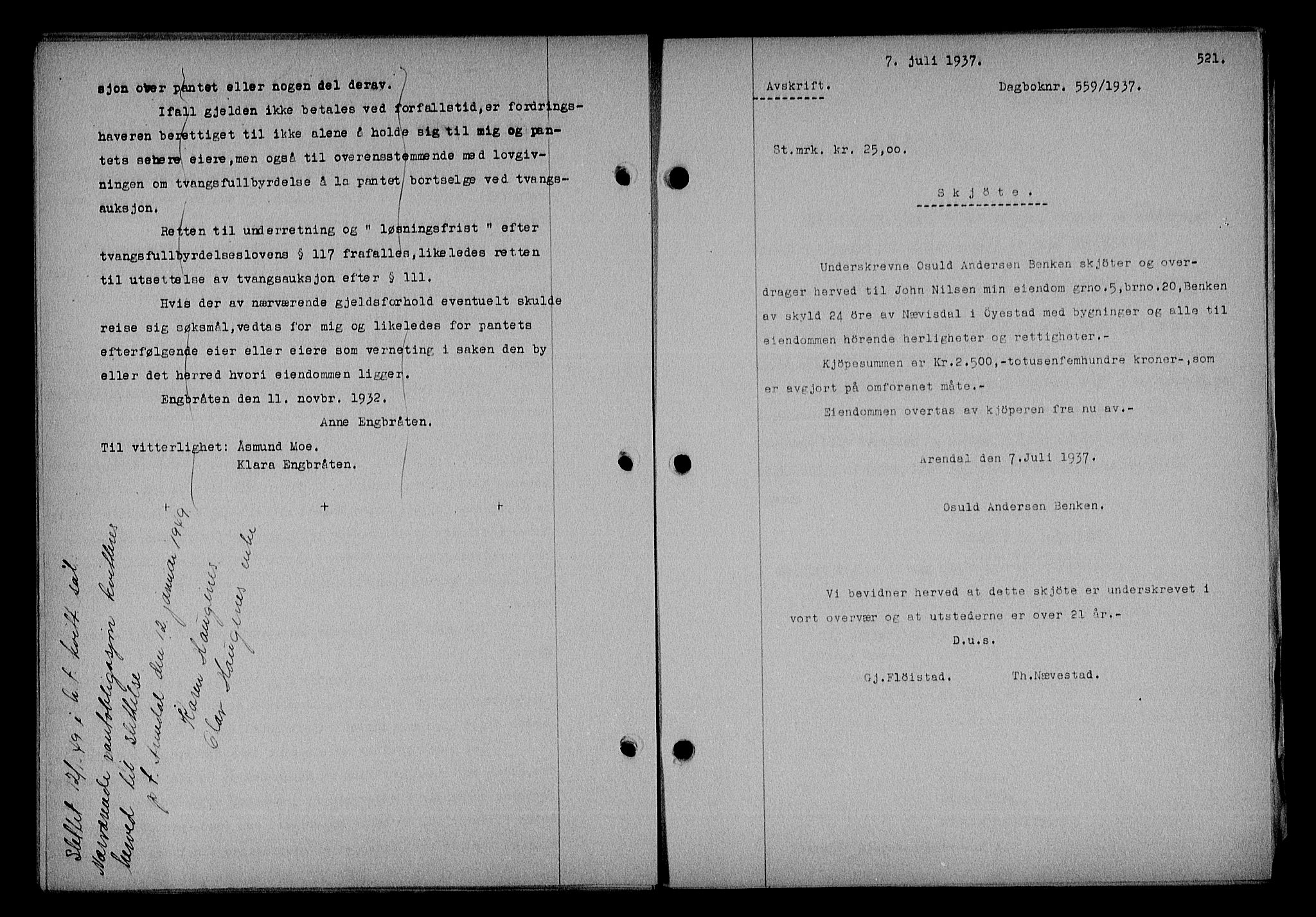 Nedenes sorenskriveri, SAK/1221-0006/G/Gb/Gba/L0043: Mortgage book no. 39, 1936-1937, Diary no: : 559/1937