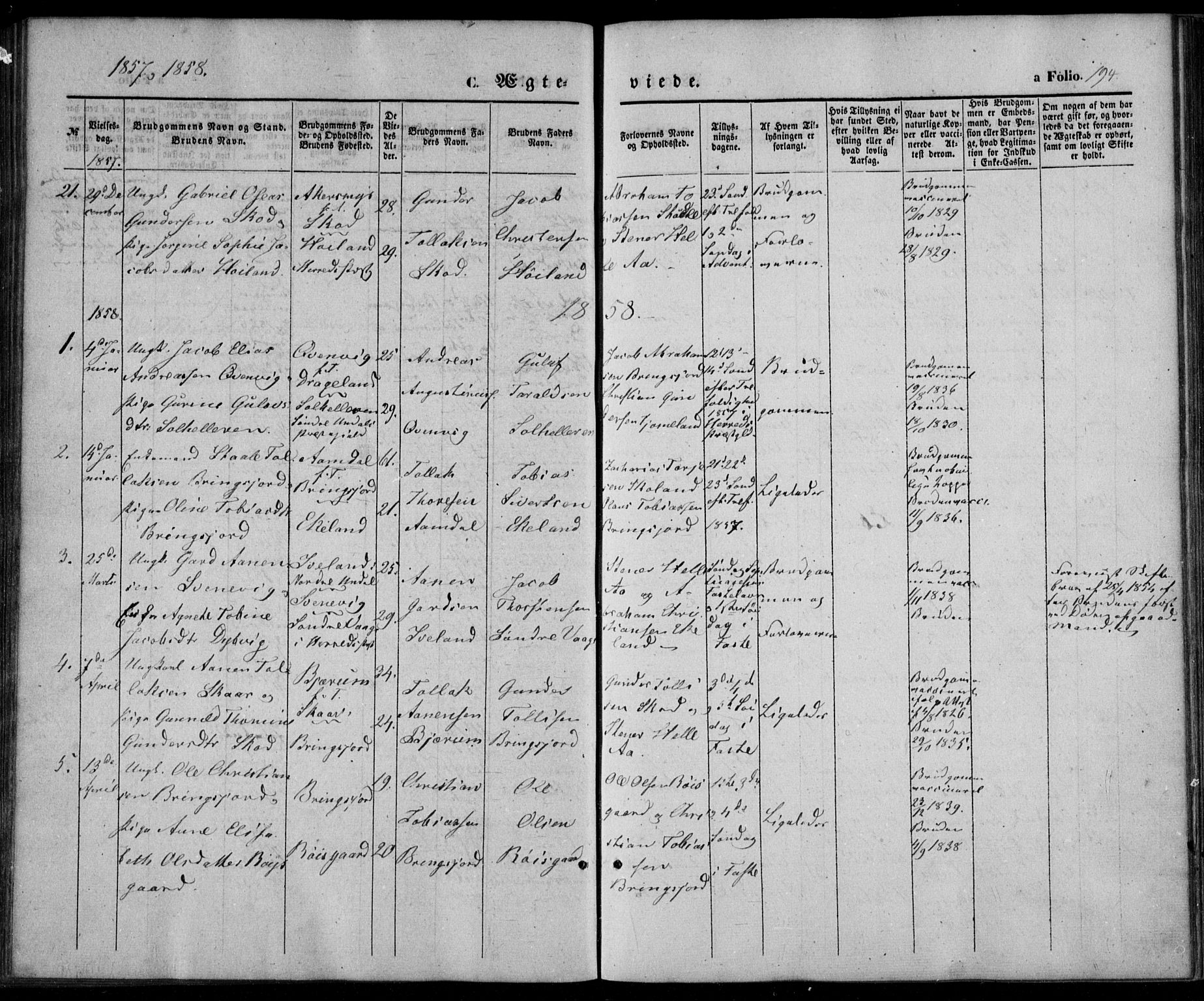 Lyngdal sokneprestkontor, SAK/1111-0029/F/Fa/Fac/L0009: Parish register (official) no. A 9, 1852-1864, p. 194