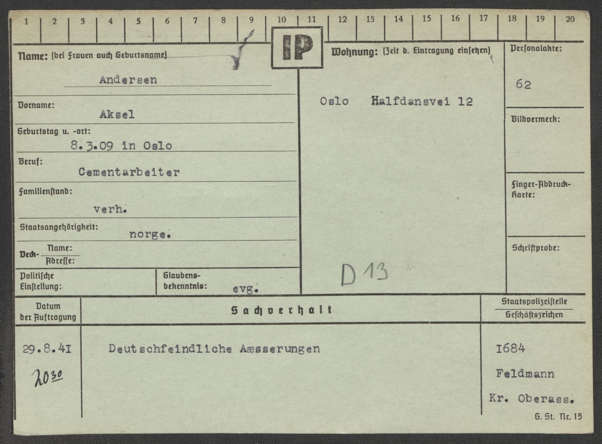 Befehlshaber der Sicherheitspolizei und des SD, RA/RAFA-5969/E/Ea/Eaa/L0001: Register over norske fanger i Møllergata 19: A-Bj, 1940-1945, p. 148