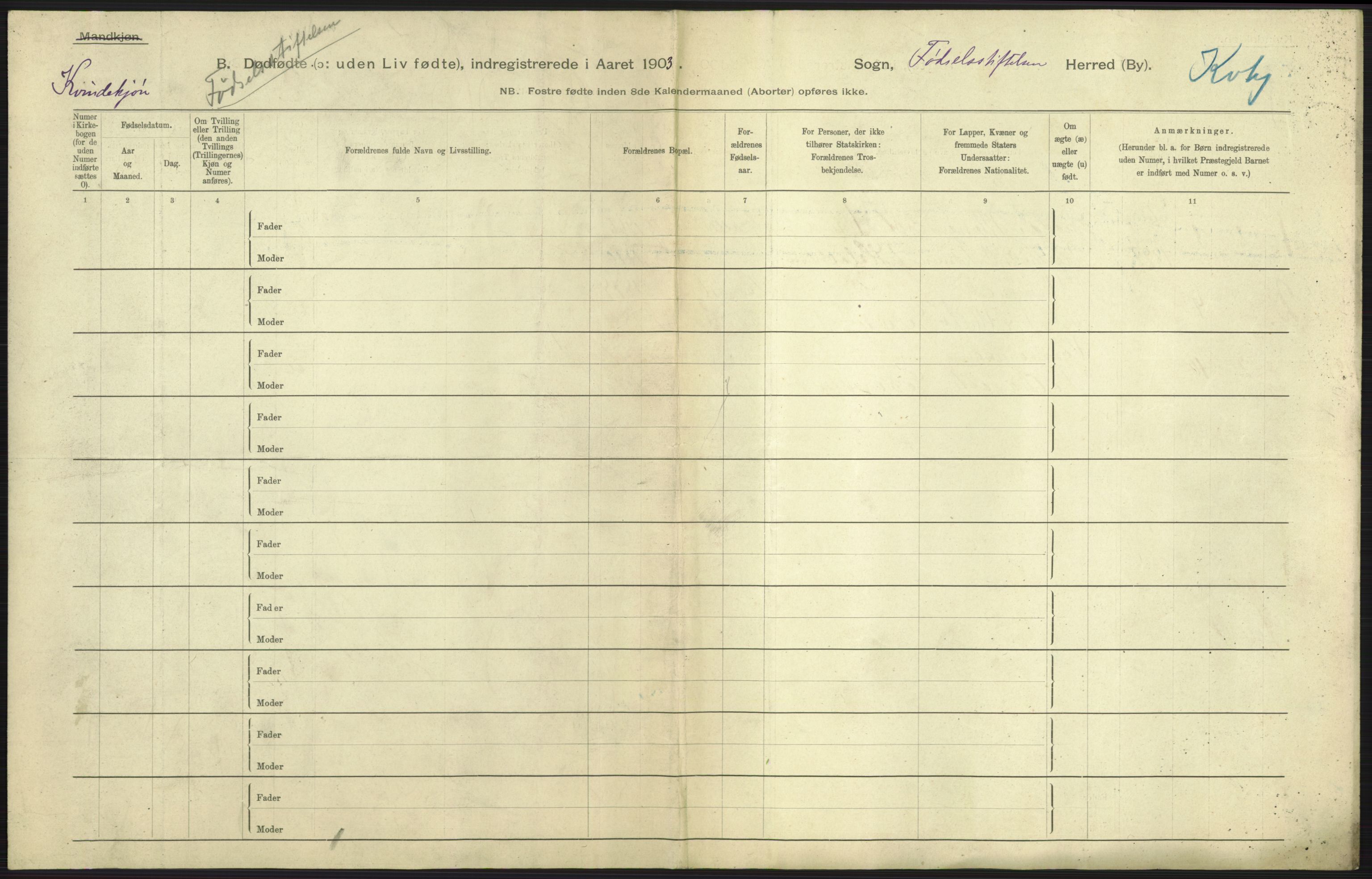 Statistisk sentralbyrå, Sosiodemografiske emner, Befolkning, AV/RA-S-2228/D/Df/Dfa/Dfaa/L0026: Smålenenes - Finnmarkens amt: Dødfødte. Byer., 1903, p. 7