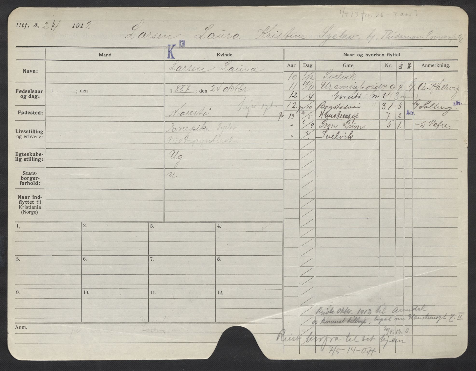 Oslo folkeregister, Registerkort, AV/SAO-A-11715/F/Fa/Fac/L0019: Kvinner, 1906-1914, p. 1027a