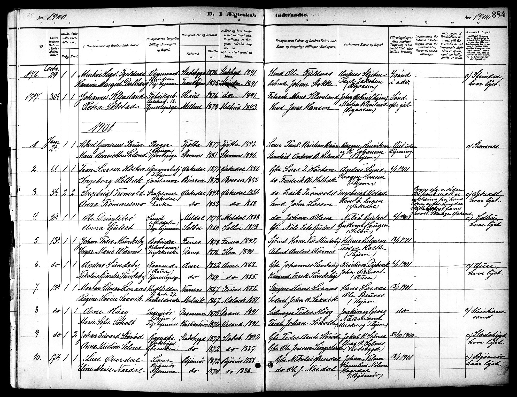 Ministerialprotokoller, klokkerbøker og fødselsregistre - Sør-Trøndelag, SAT/A-1456/601/L0094: Parish register (copy) no. 601C12, 1898-1911, p. 384