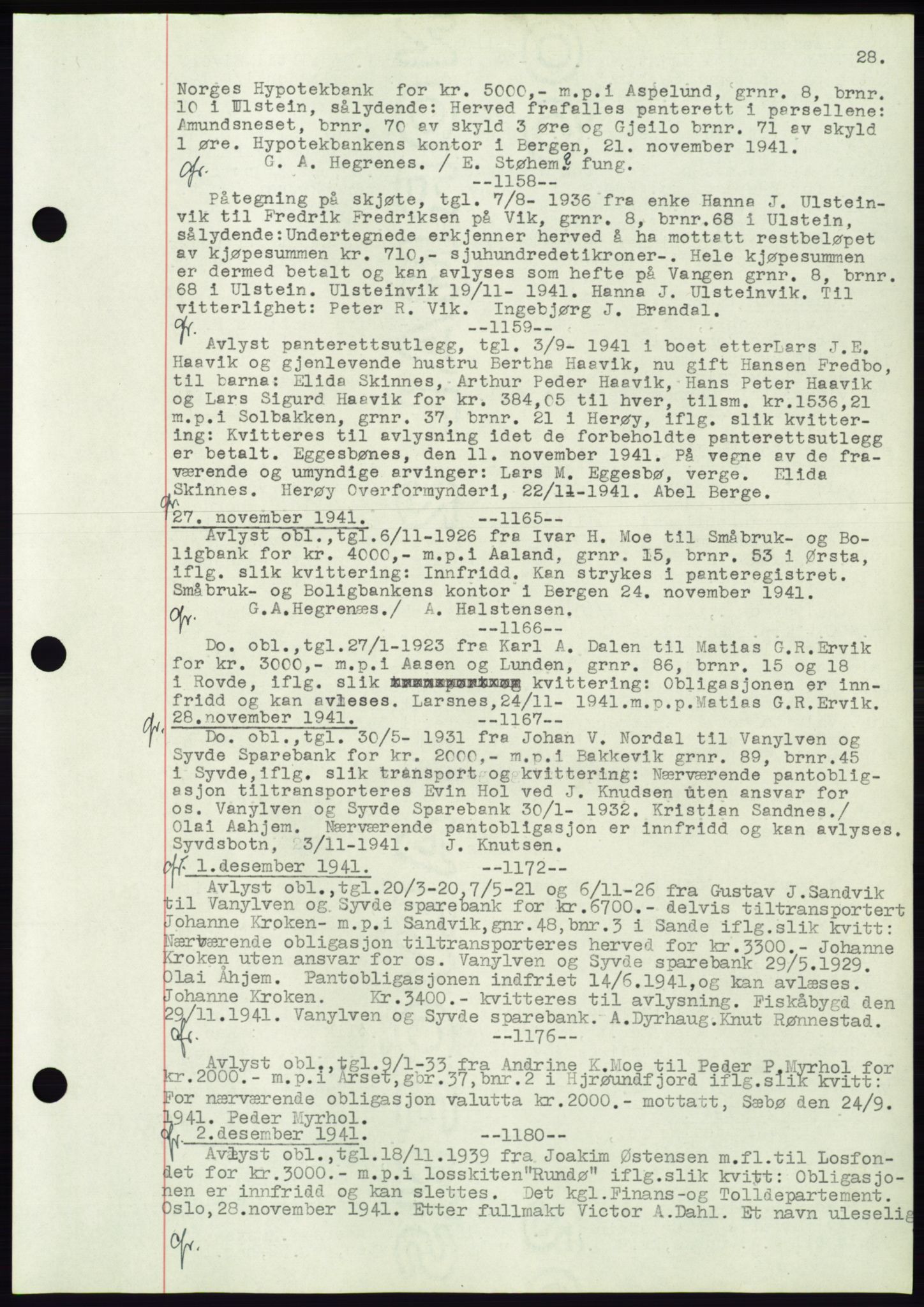 Søre Sunnmøre sorenskriveri, AV/SAT-A-4122/1/2/2C/L0072: Mortgage book no. 66, 1941-1955, Diary no: : 1158/1941