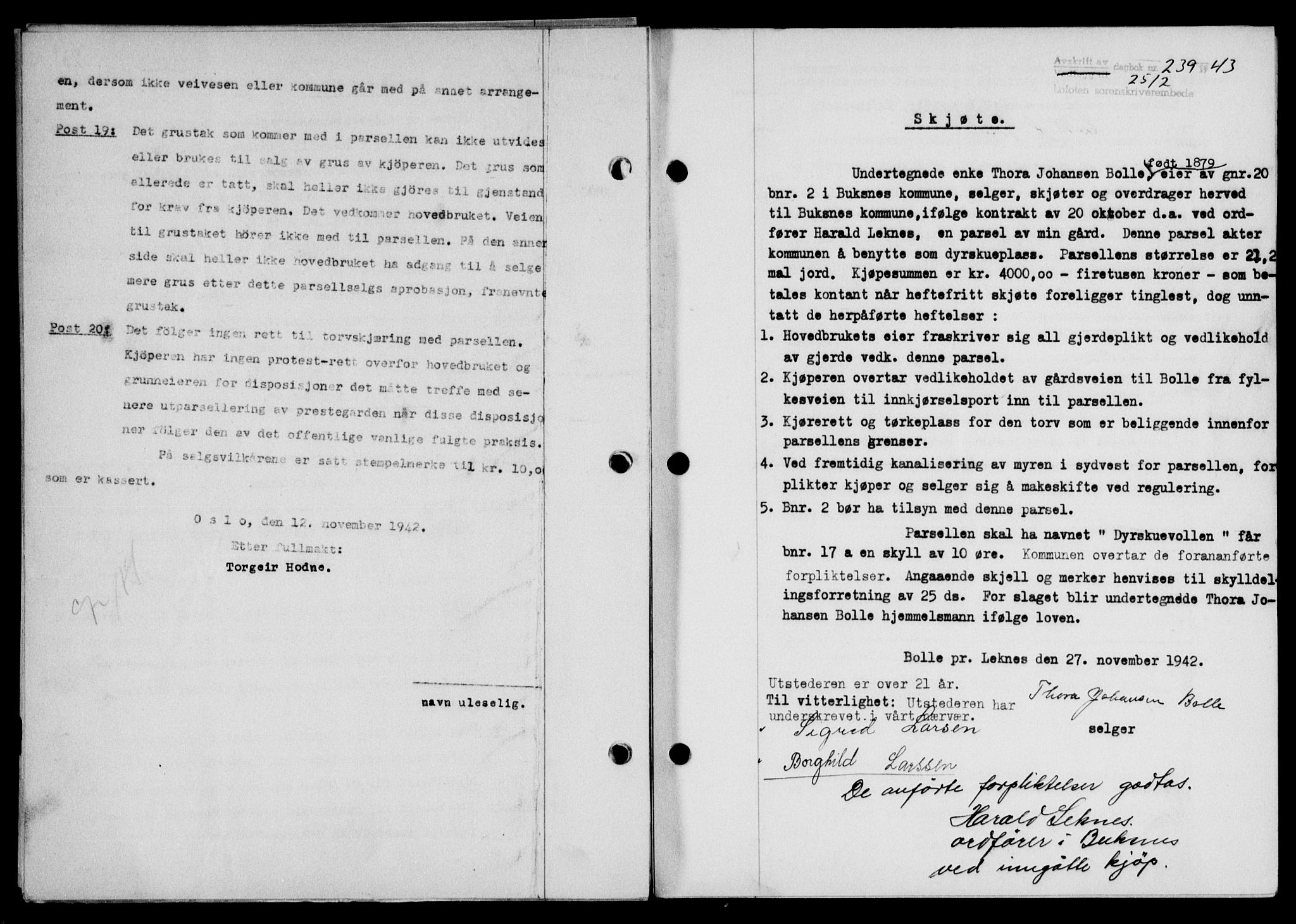 Lofoten sorenskriveri, SAT/A-0017/1/2/2C/L0011a: Mortgage book no. 11a, 1943-1943, Diary no: : 239/1943