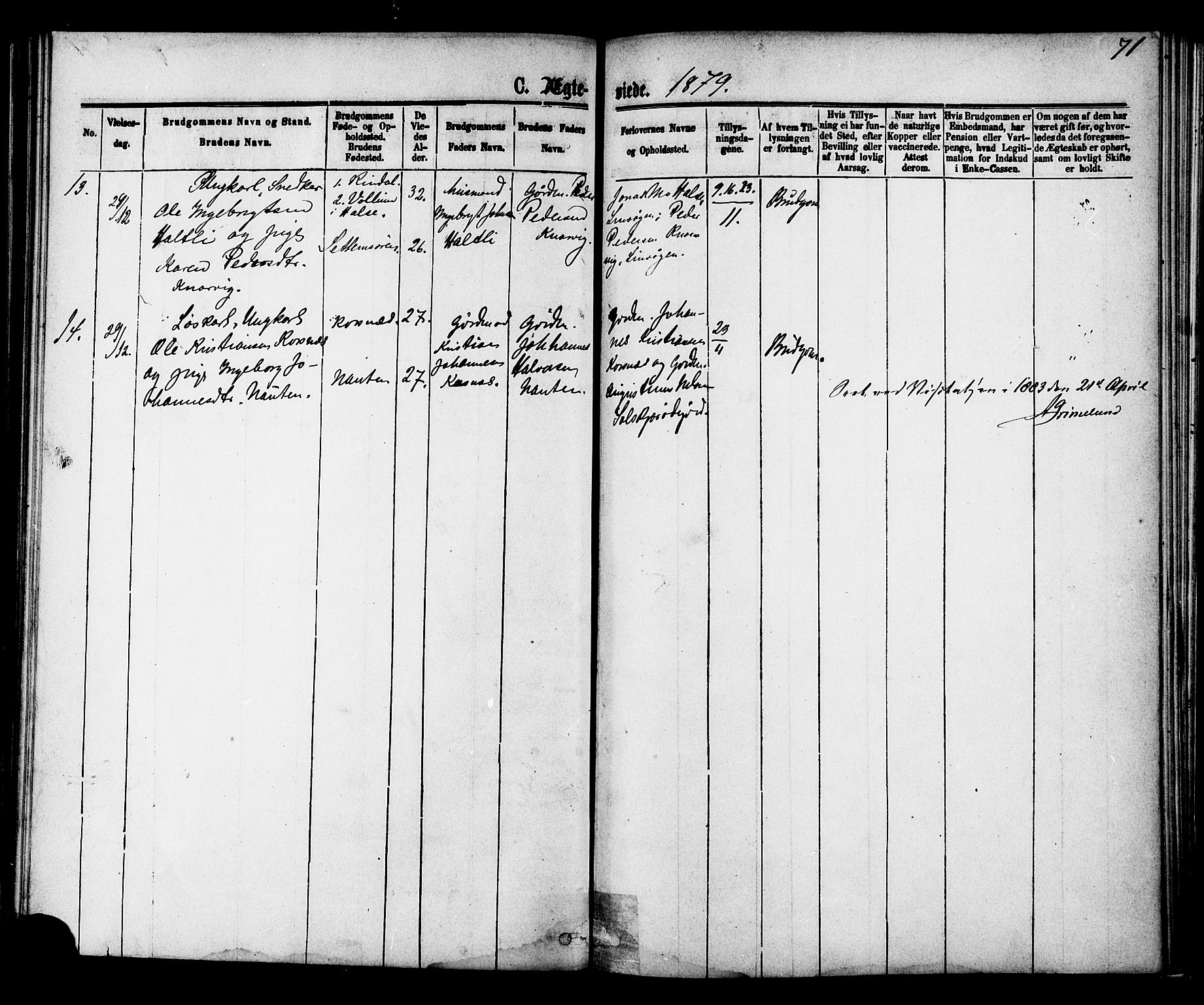 Ministerialprotokoller, klokkerbøker og fødselsregistre - Møre og Romsdal, AV/SAT-A-1454/577/L0895: Parish register (official) no. 577A02, 1875-1879, p. 71