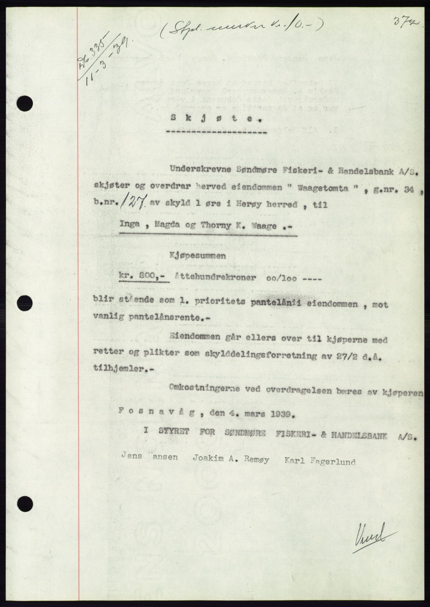 Søre Sunnmøre sorenskriveri, AV/SAT-A-4122/1/2/2C/L0067: Mortgage book no. 61, 1938-1939, Diary no: : 335/1939