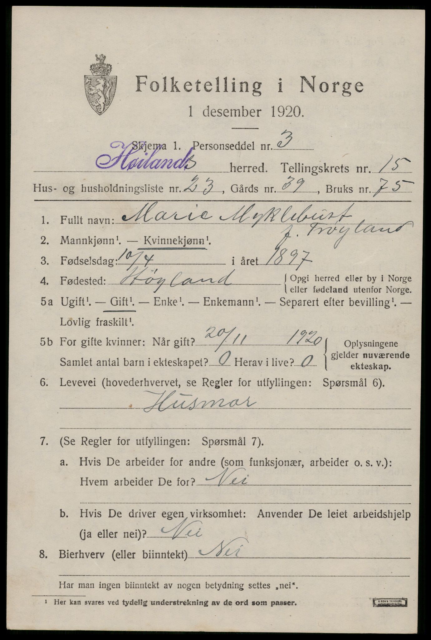 SAST, 1920 census for Høyland, 1920, p. 13938