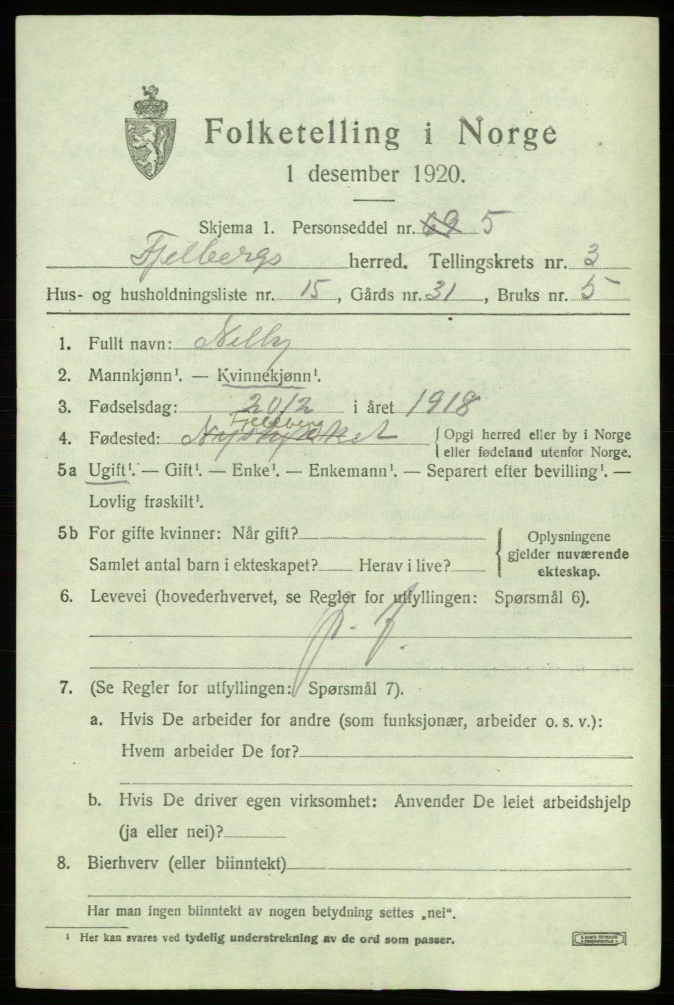 SAB, 1920 census for Fjelberg, 1920, p. 1259