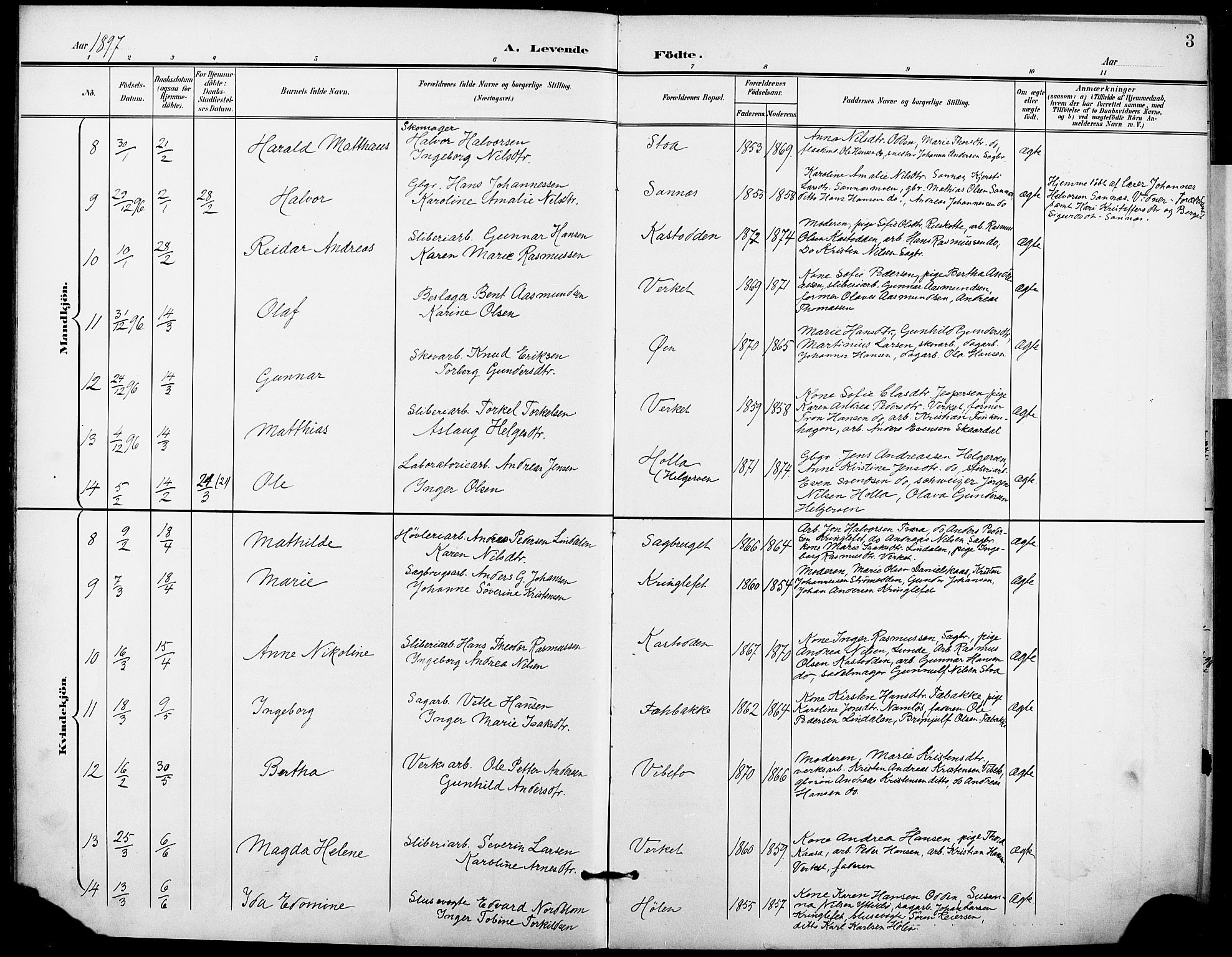 Holla kirkebøker, AV/SAKO-A-272/F/Fa/L0010: Parish register (official) no. 10, 1897-1907, p. 3