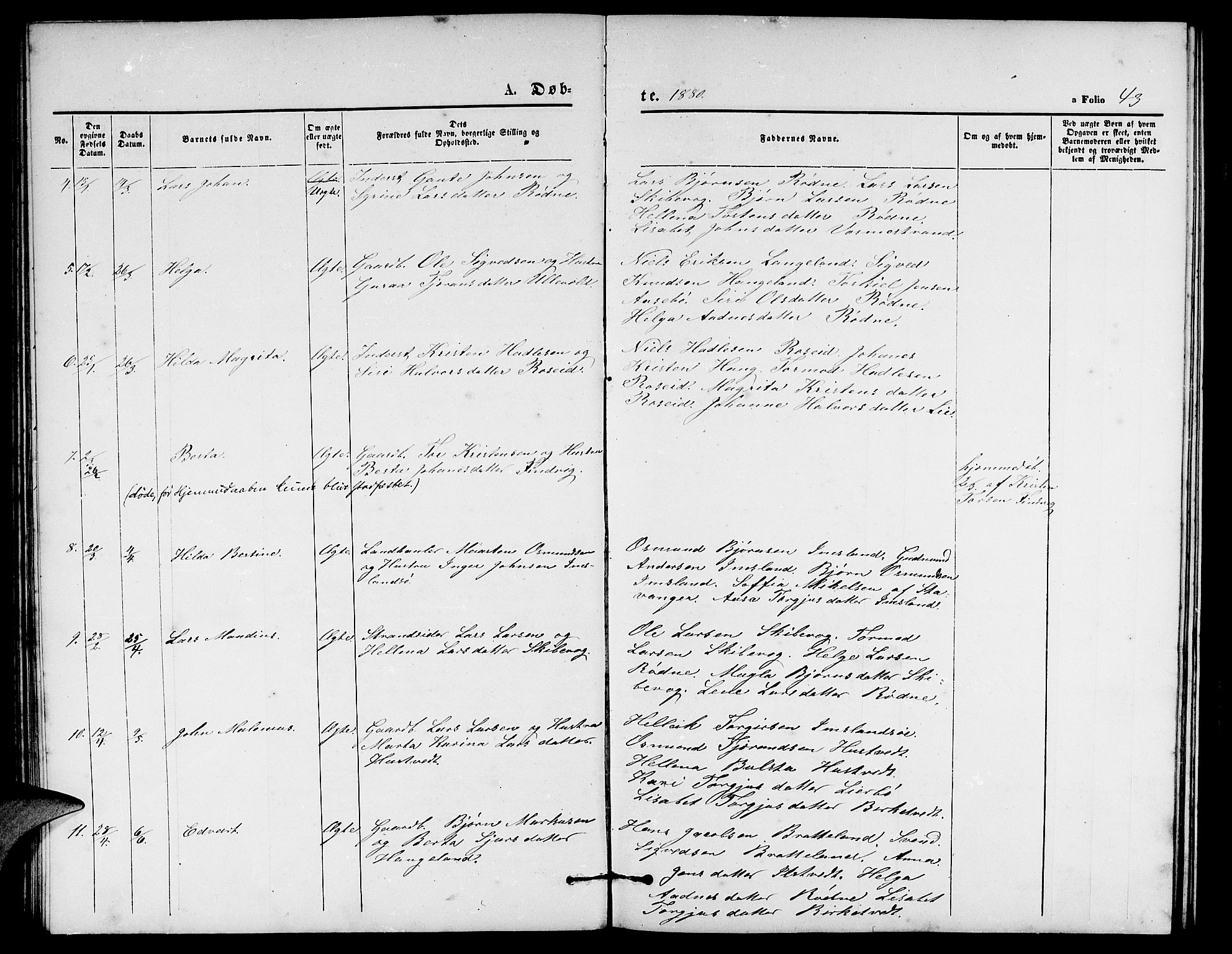 Vikedal sokneprestkontor, AV/SAST-A-101840/01/V: Parish register (copy) no. B 4, 1868-1890, p. 43