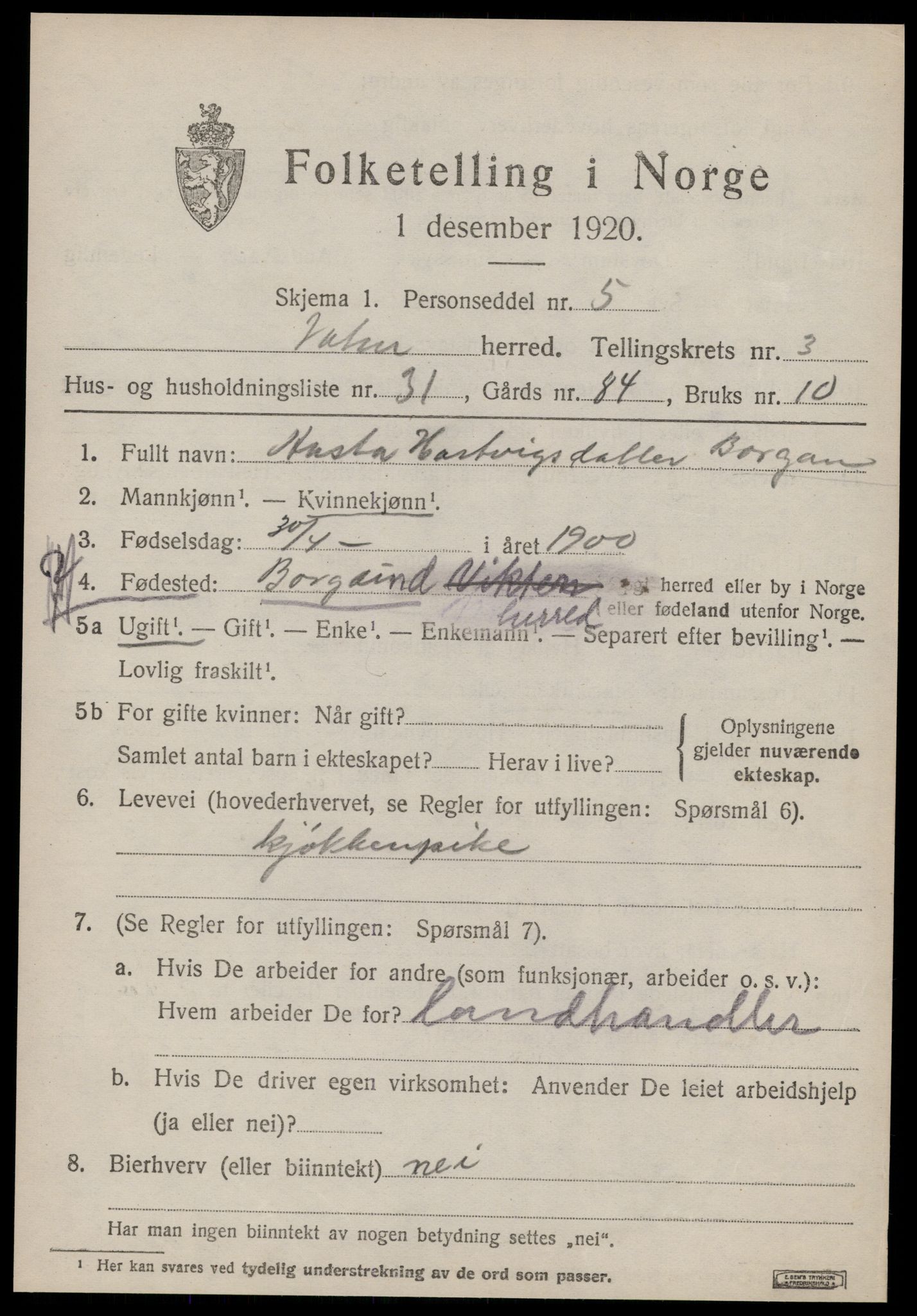 SAT, 1920 census for Vatne, 1920, p. 1778