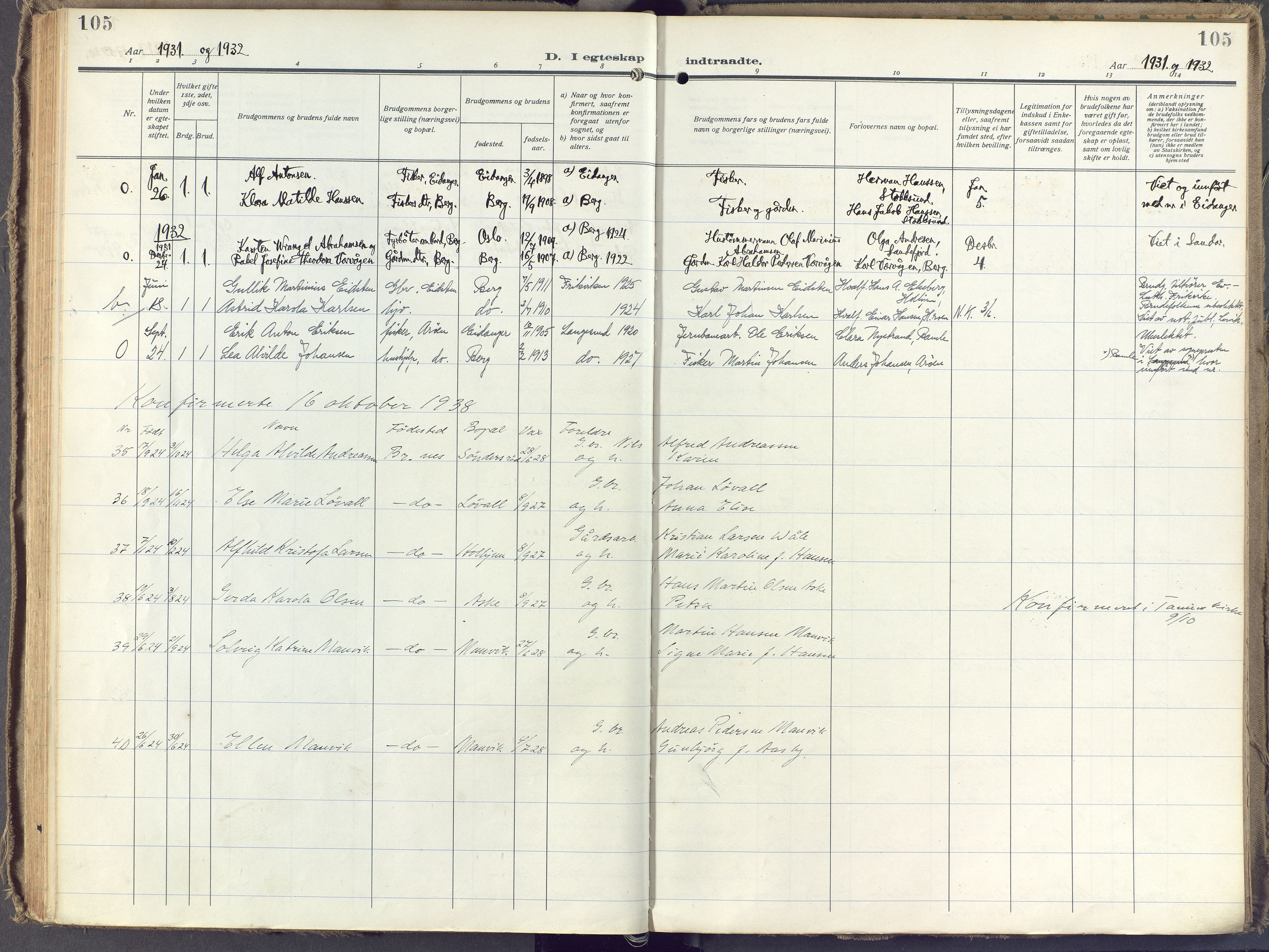 Brunlanes kirkebøker, SAKO/A-342/F/Fb/L0004: Parish register (official) no. II 4, 1923-1940, p. 105