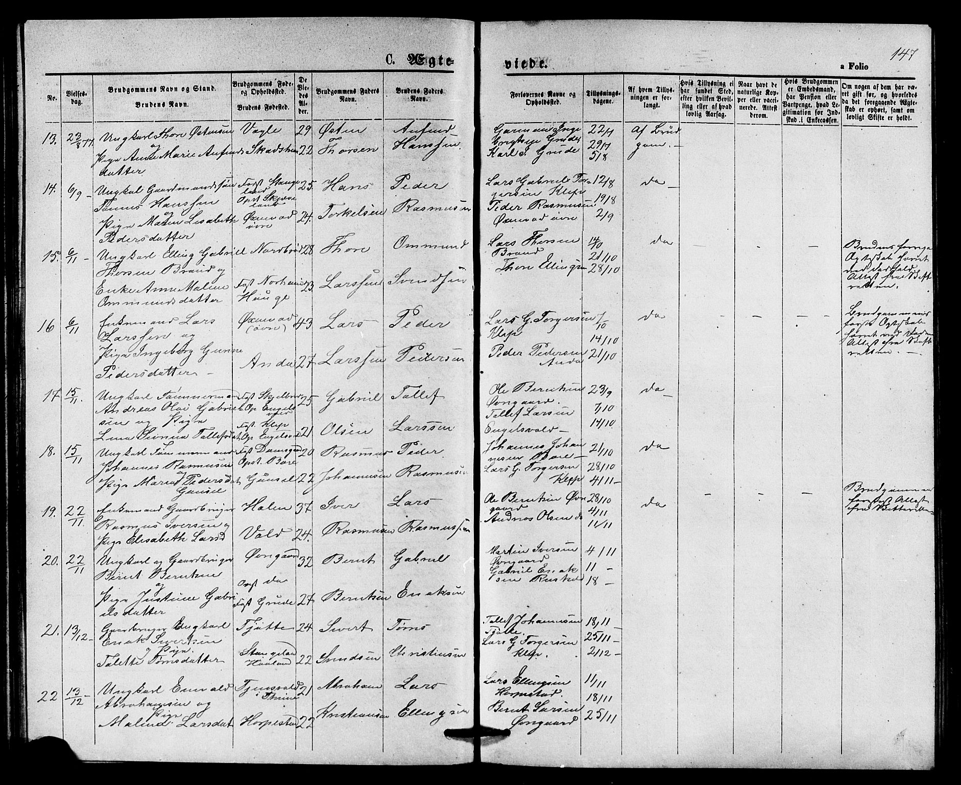 Klepp sokneprestkontor, AV/SAST-A-101803/001/3/30BB/L0003: Parish register (copy) no. B 3, 1876-1888, p. 147