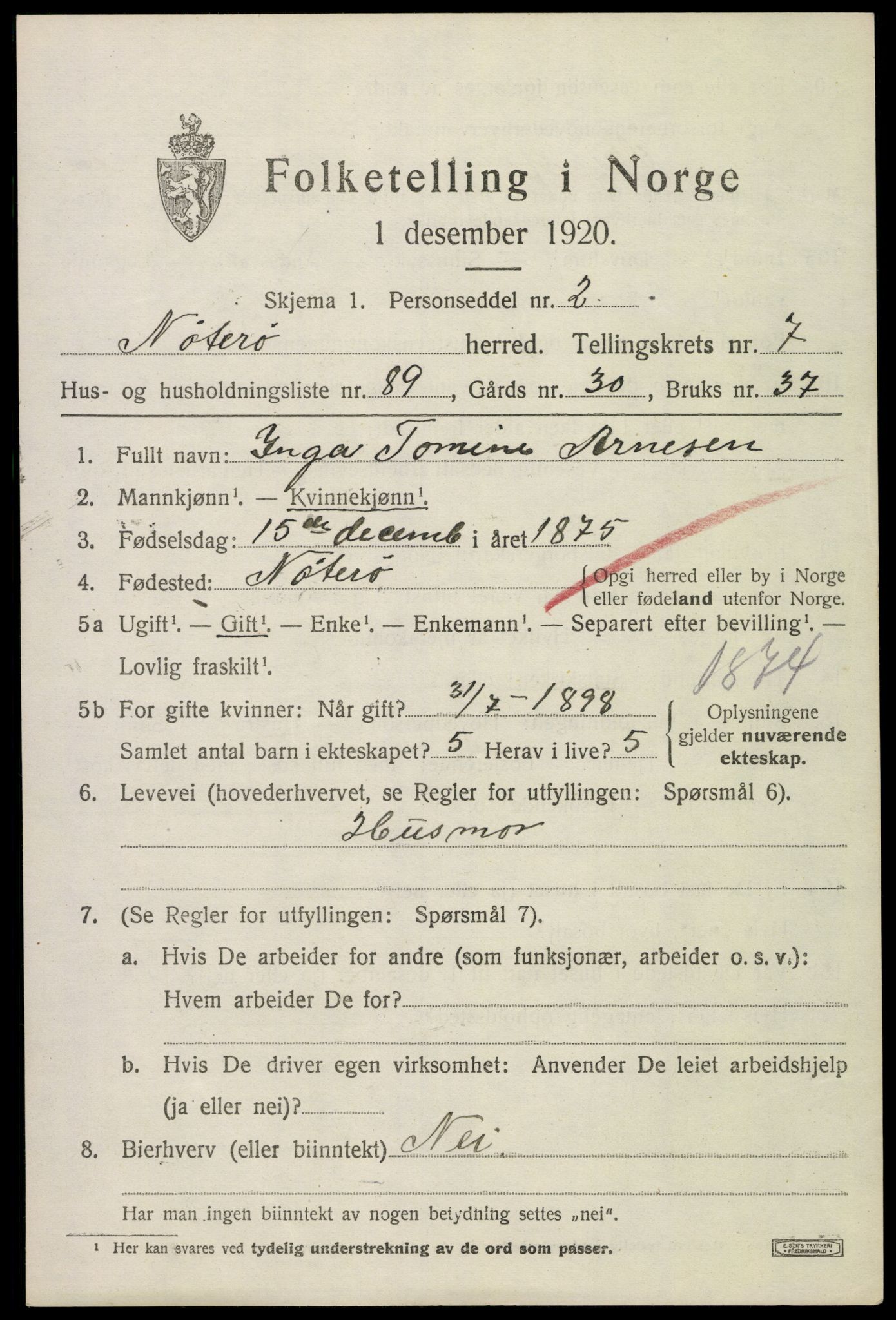 SAKO, 1920 census for Nøtterøy, 1920, p. 10387