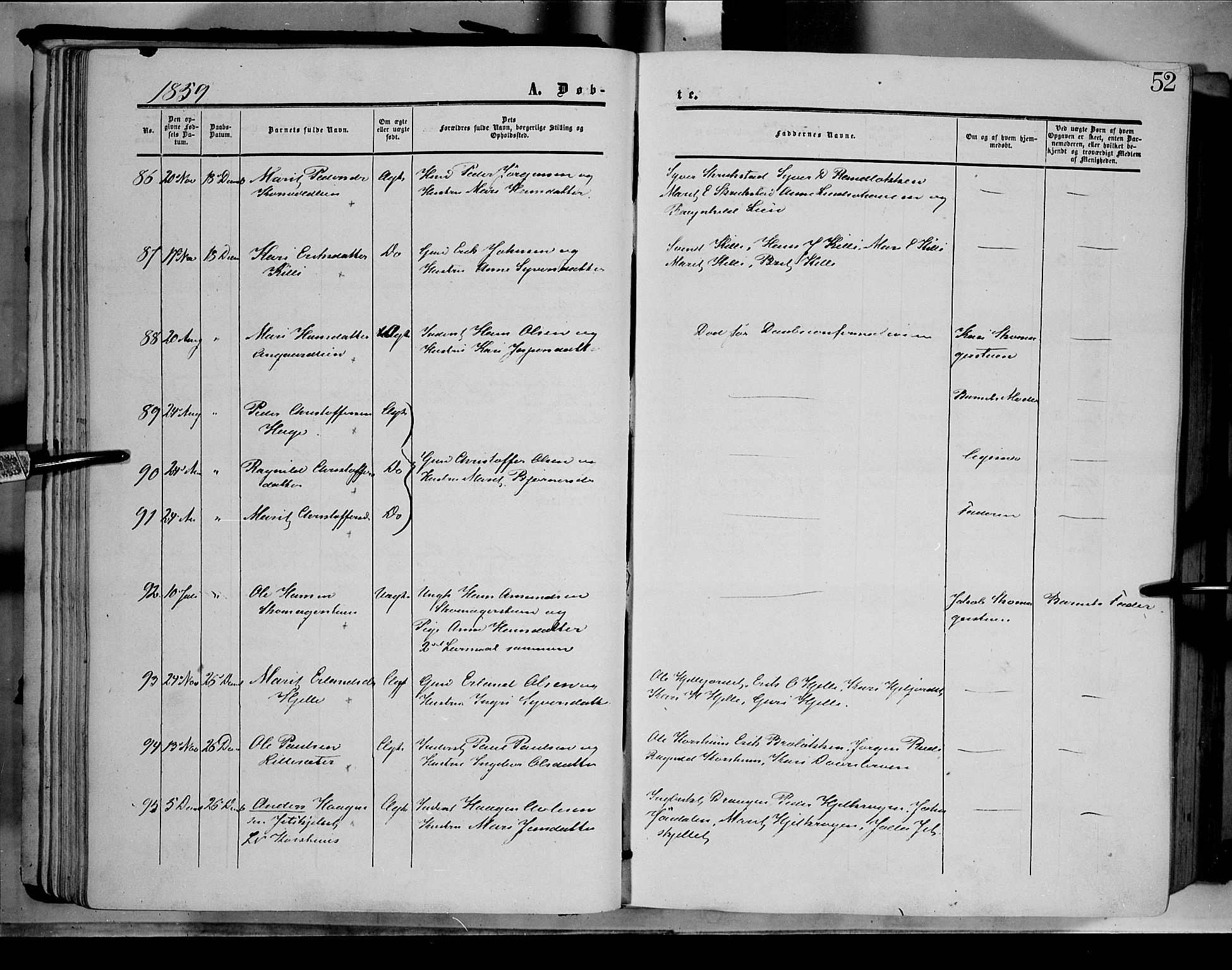 Dovre prestekontor, AV/SAH-PREST-066/H/Ha/Haa/L0001: Parish register (official) no. 1, 1854-1878, p. 52