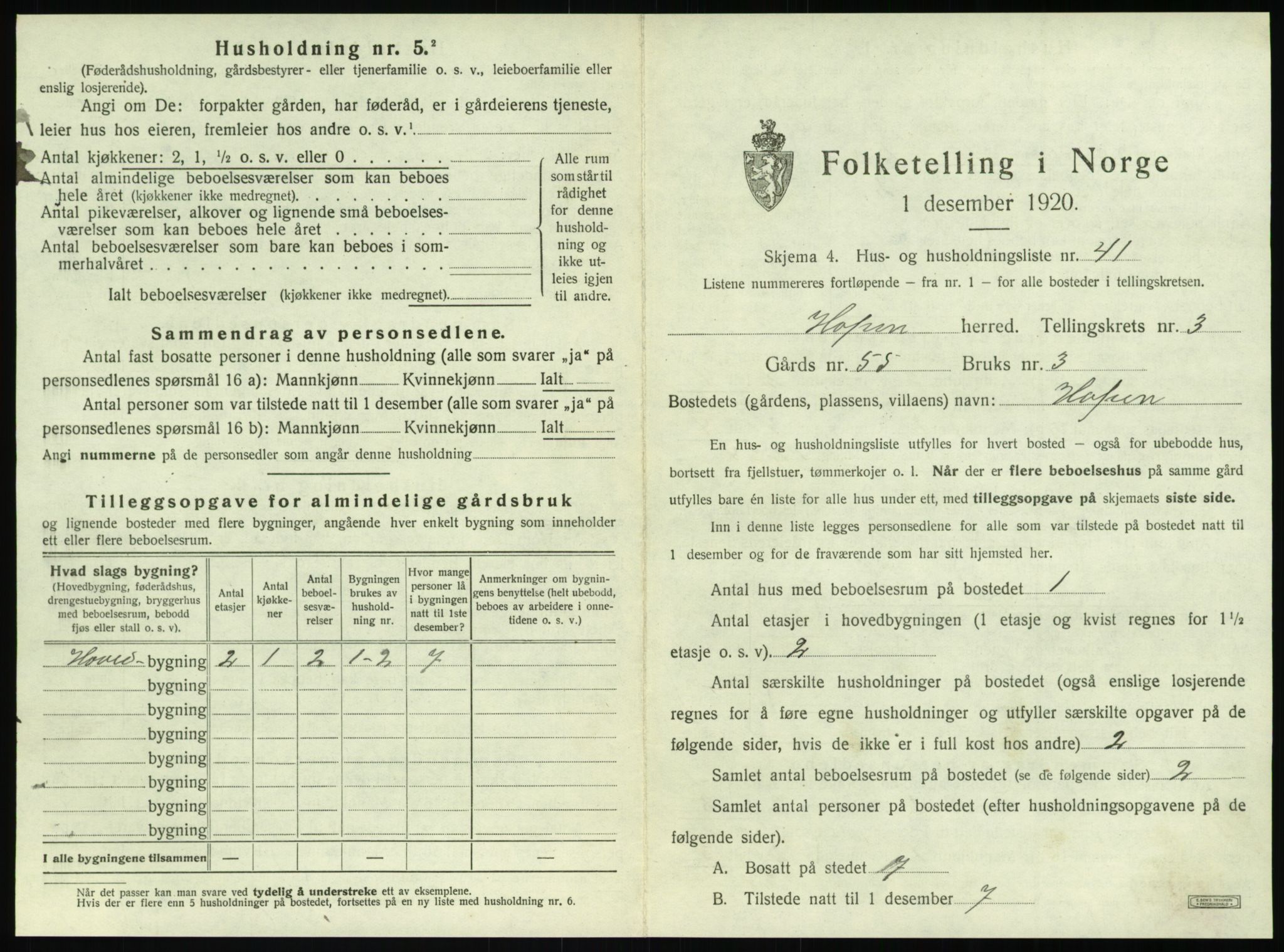 SAT, 1920 census for Hopen, 1920, p. 284