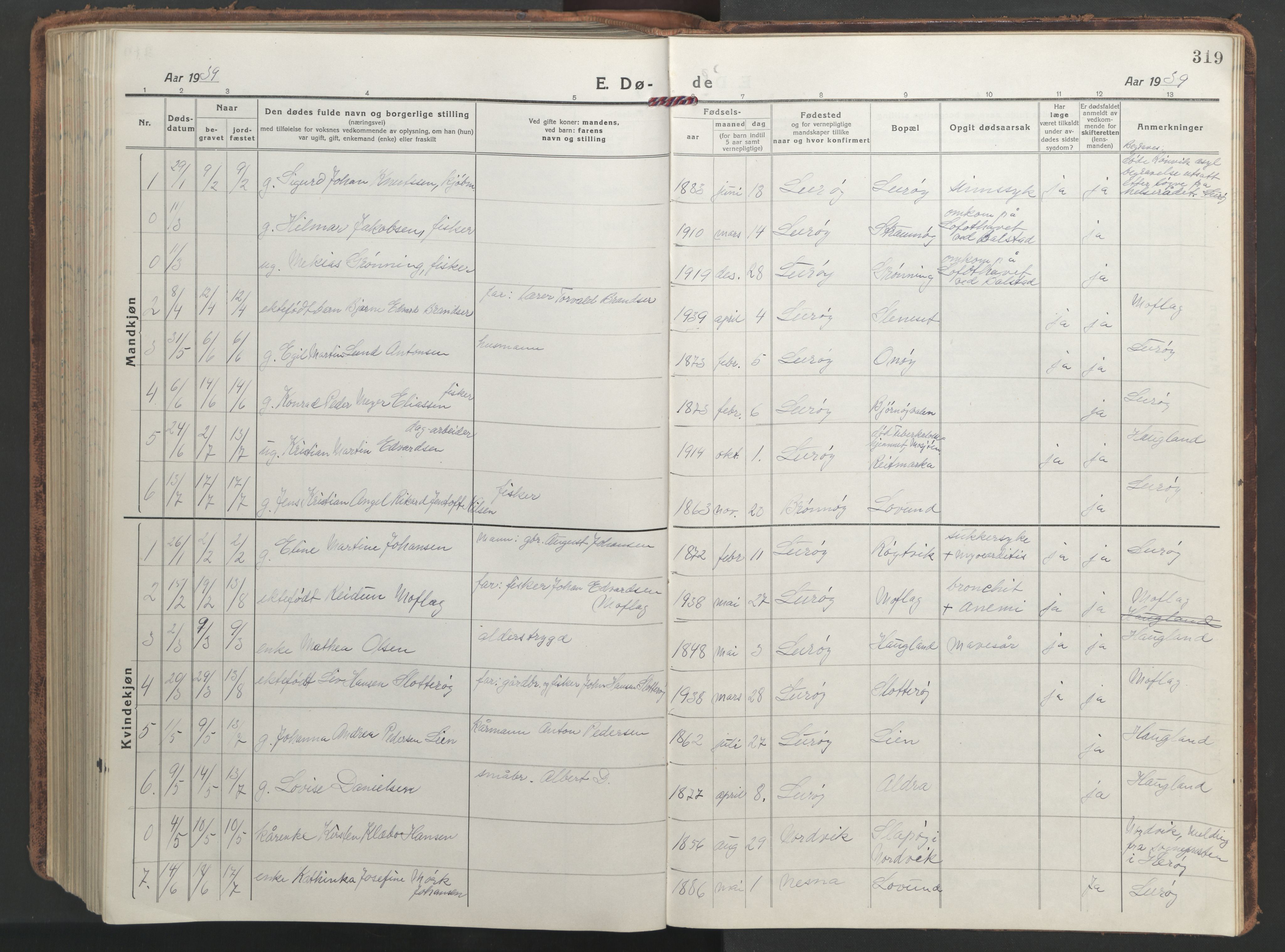 Ministerialprotokoller, klokkerbøker og fødselsregistre - Nordland, SAT/A-1459/839/L0574: Parish register (copy) no. 839C04, 1918-1950, p. 319