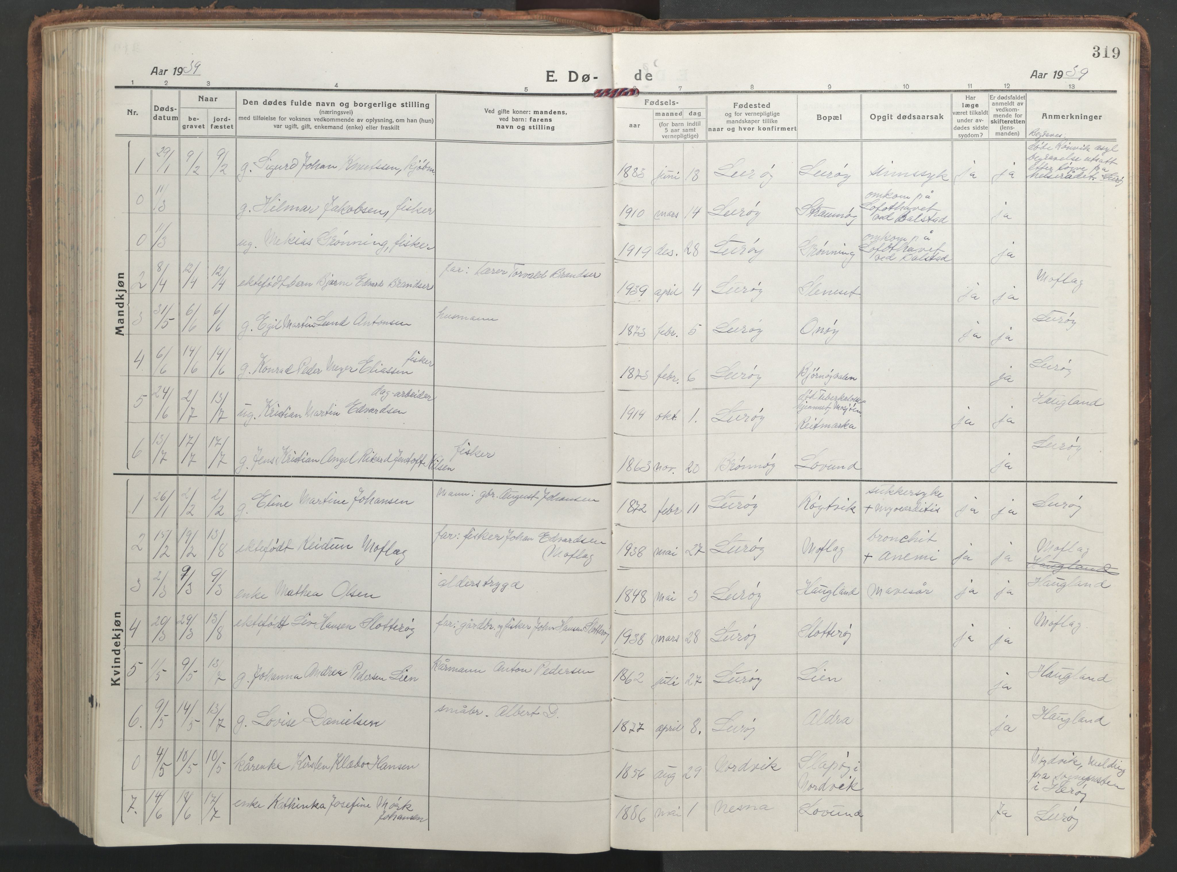 Ministerialprotokoller, klokkerbøker og fødselsregistre - Nordland, AV/SAT-A-1459/839/L0574: Parish register (copy) no. 839C04, 1918-1950, p. 319