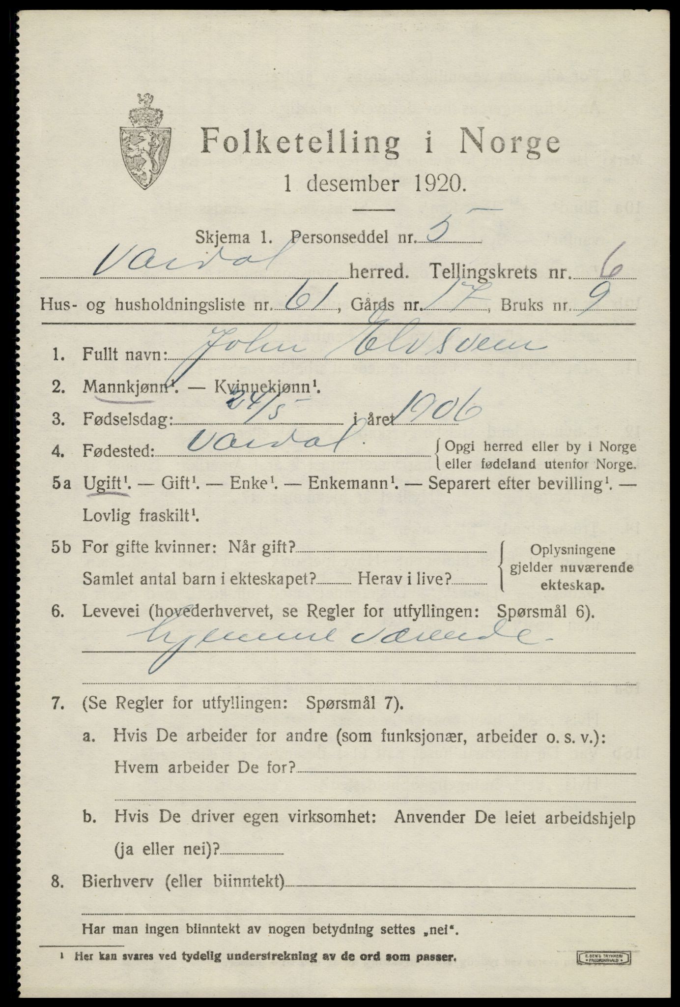 SAH, 1920 census for Vardal, 1920, p. 4575